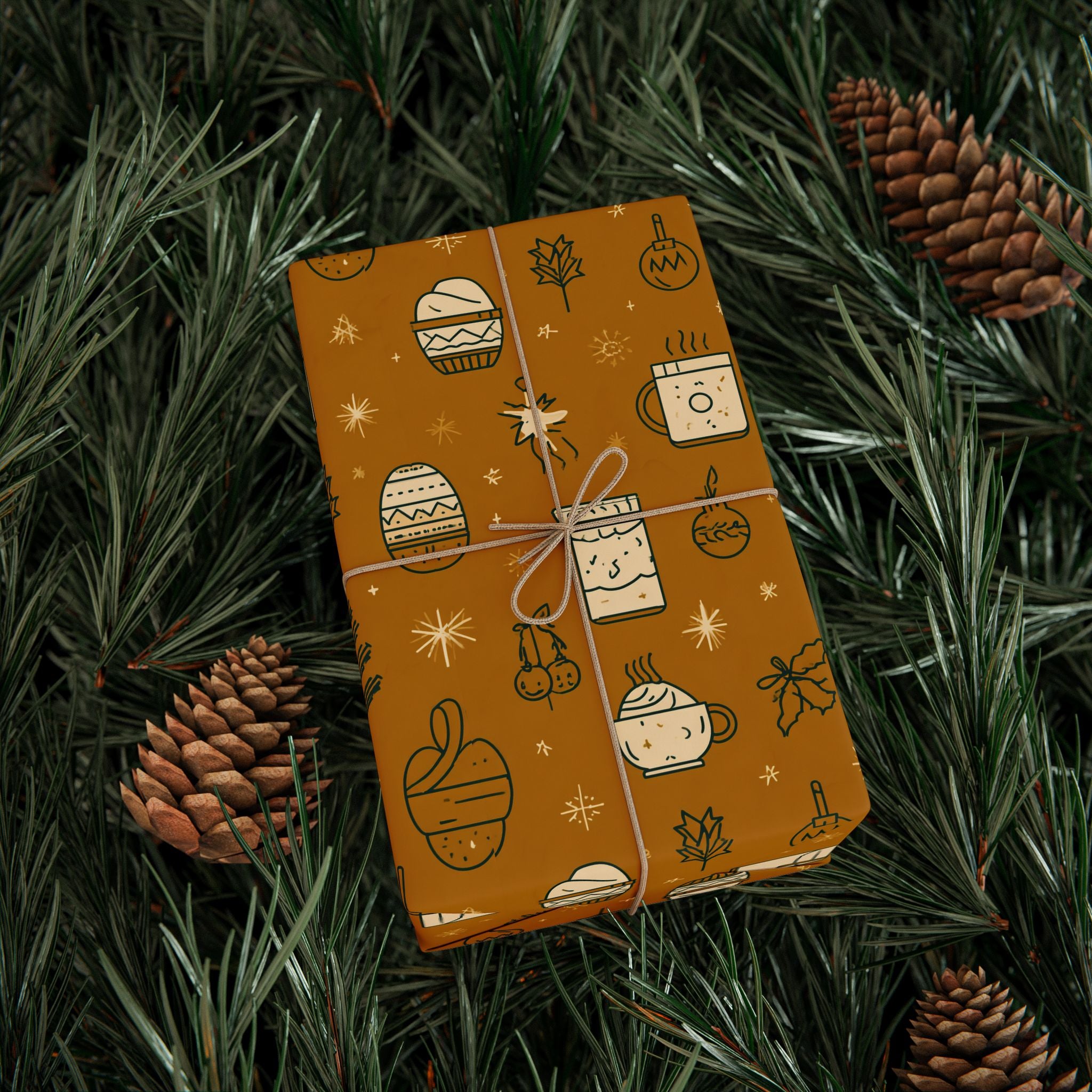 Wrapping Paper Roll — Cozy Brown Holiday Pattern with Mittens & Pine Sprigs