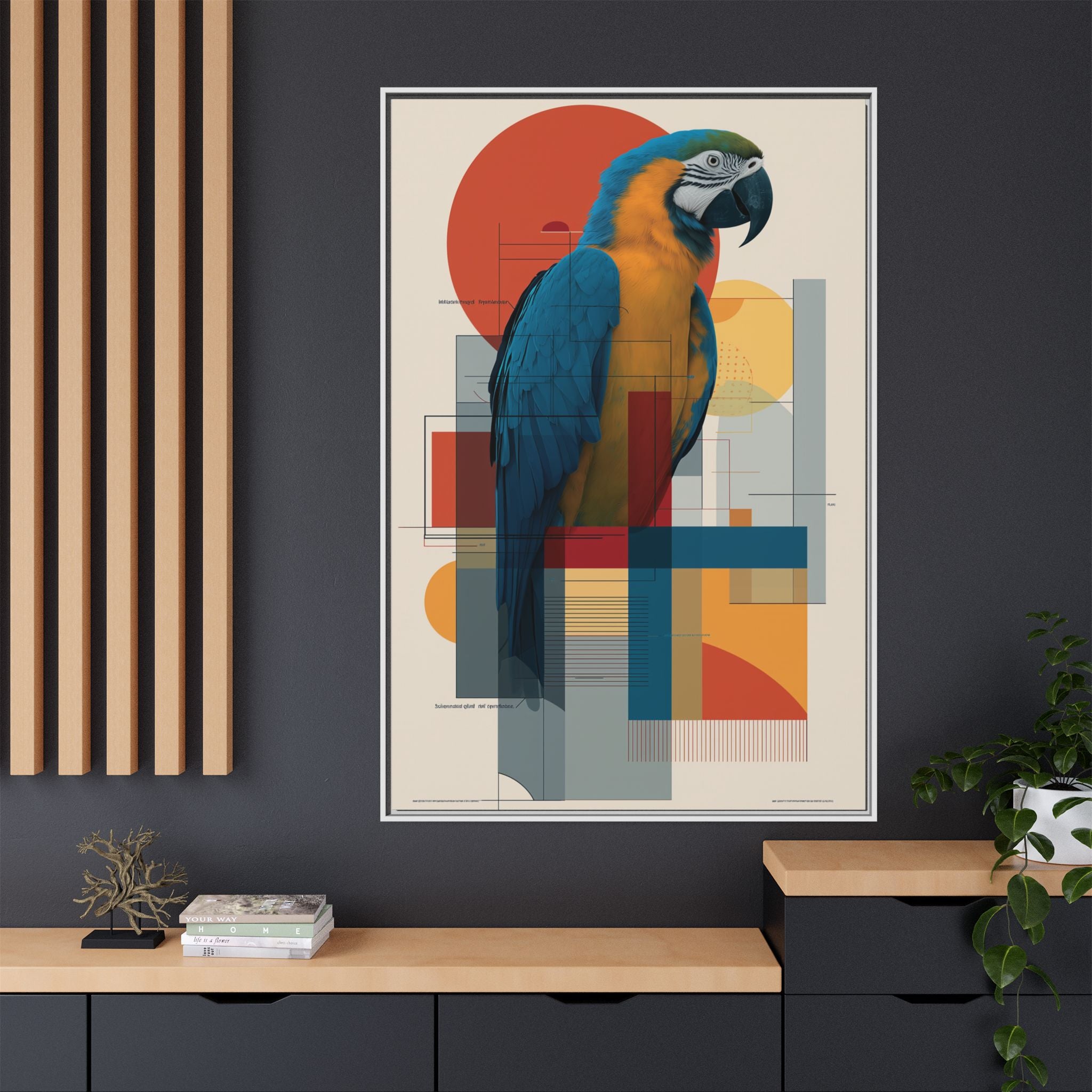 Vibrant Macaw Geometric Framed Print: Avian Realism, Modern Abstract Composition   |  Personalized & Custom Orders Available