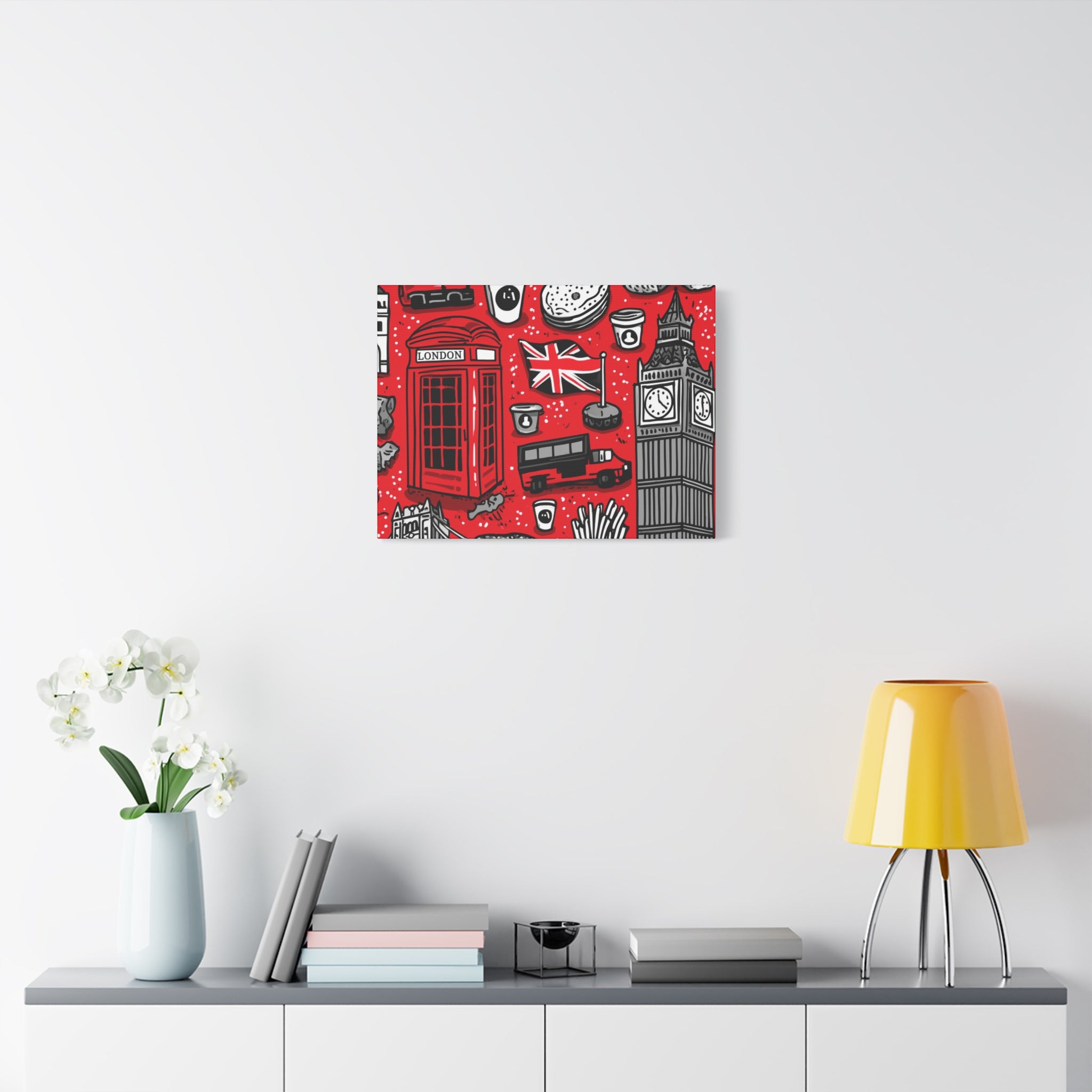 London-Themed Canvas Art, Wall Decor, Home Office Artwork, UK Travel Gift, British Culture Decor, Red and Black Design