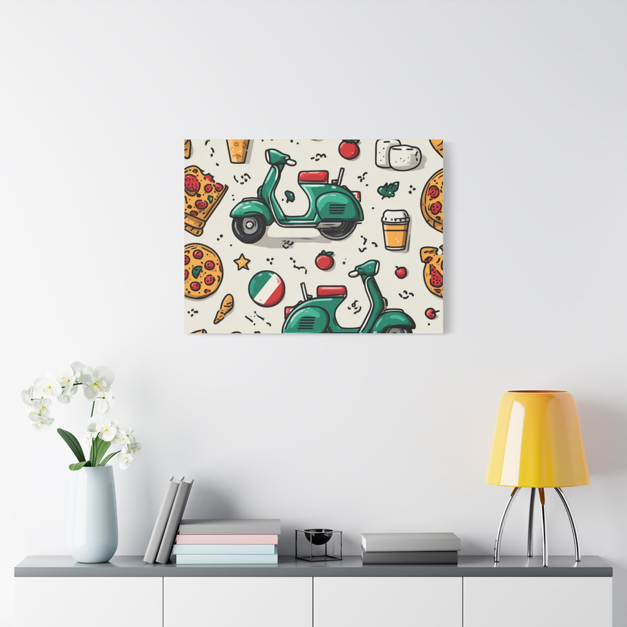 Vibrant Travel Nostalgia Canvas Art, Scooter Decor, Foodie Wall Art, Fun Home Decor, Gift for Adventurers, Kitchen Wall Hanging