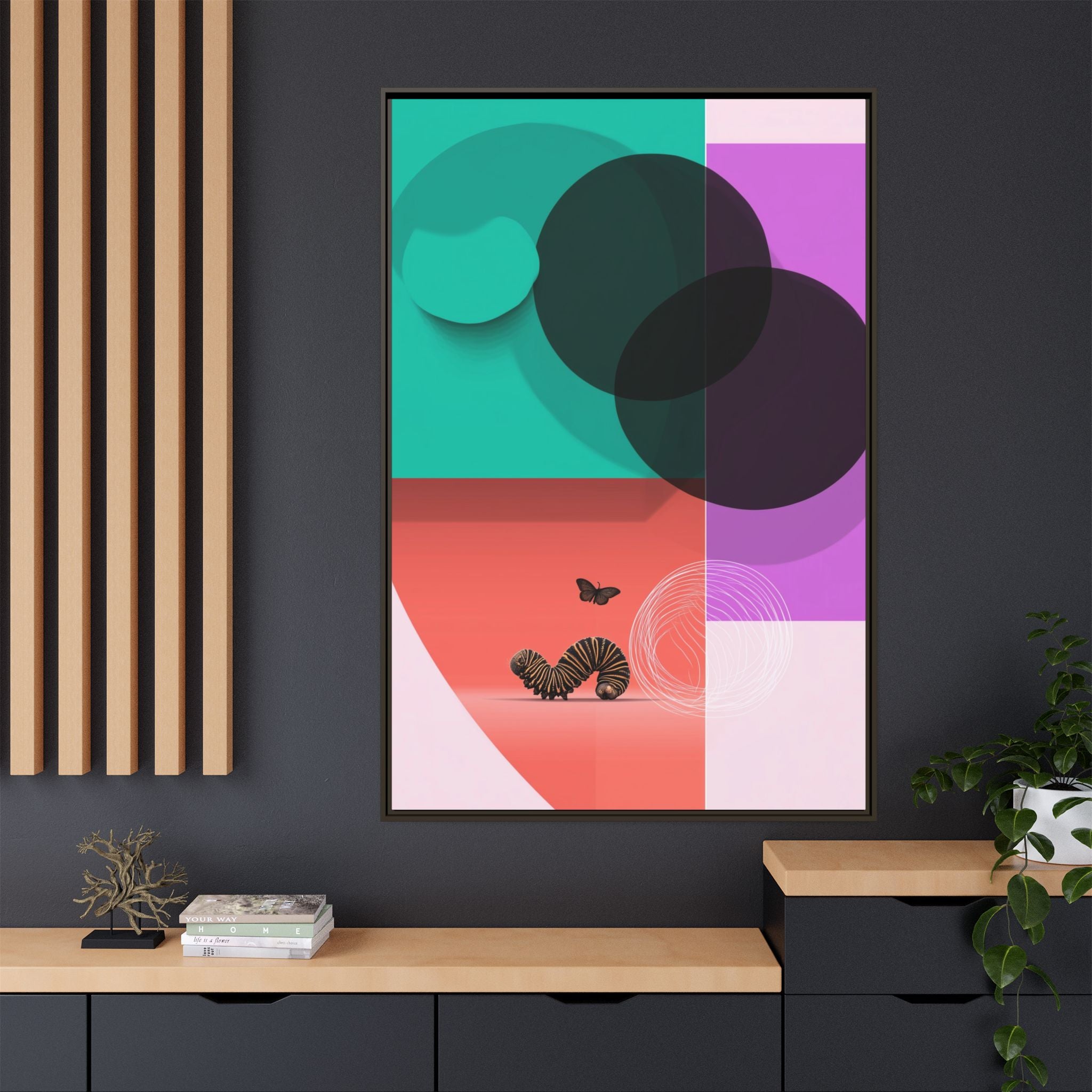 Striped Caterpillar and Butterfly Framed Print , Mid-Century Modern Color Blocks   |  Personalized & Custom Orders Available