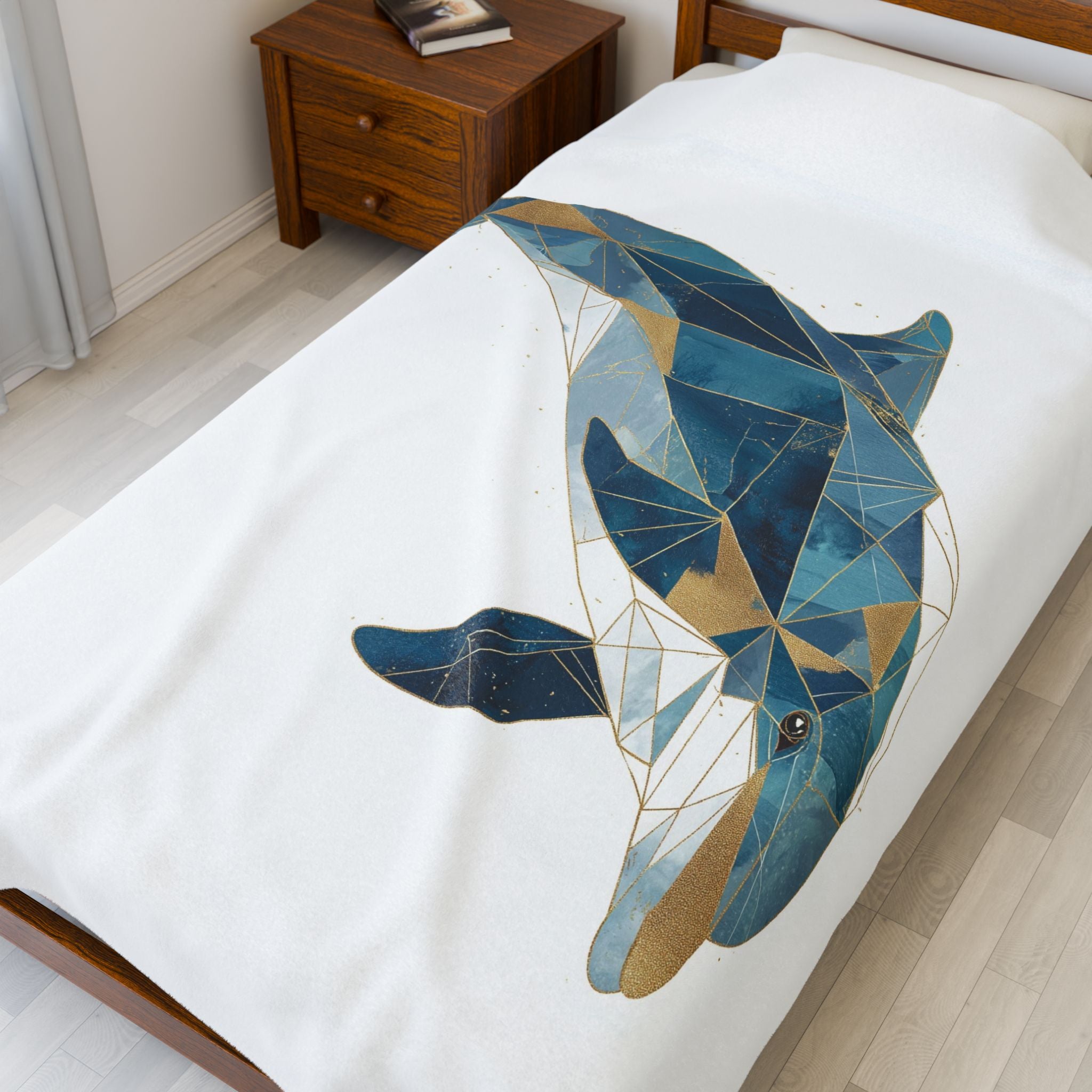 Geometric Dolphin Bedding , Modern Mosaic Art, Blue and Gold Fragmentation   |  Personalized & Custom Orders Available