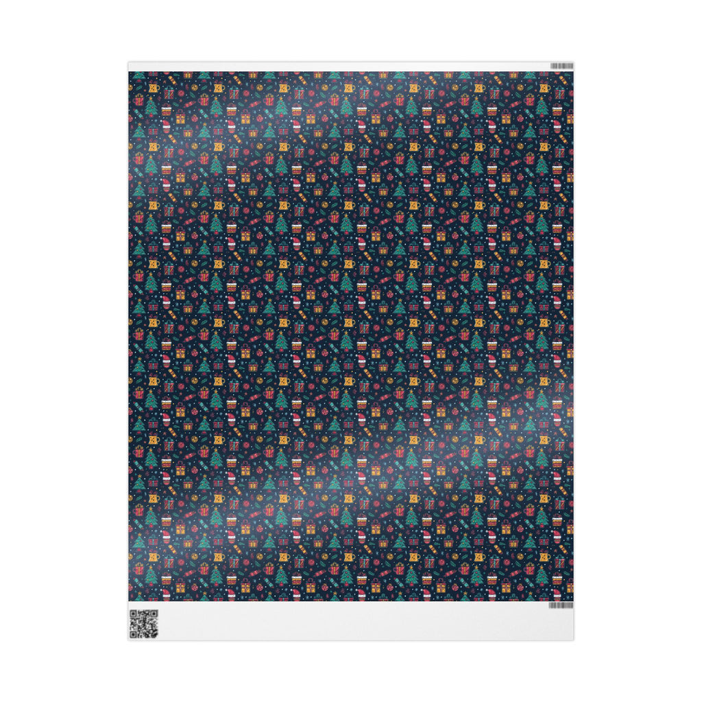 Holiday Gift Wrapping Paper Roll – Dark Christmas Icons Pattern (Trees, Presents, Stockings)