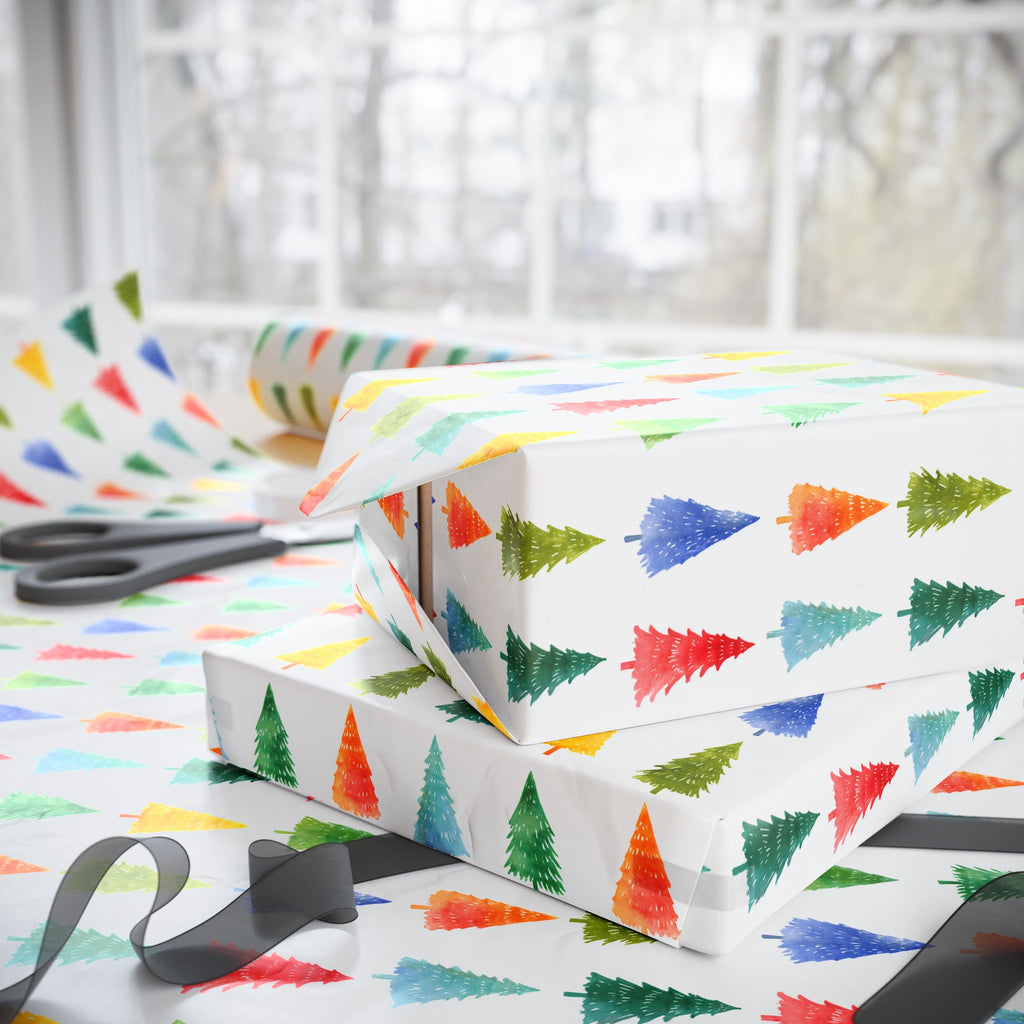 Festive Watercolor Christmas Tree Wrapping Paper - Colorful Holiday Gift Wrap
