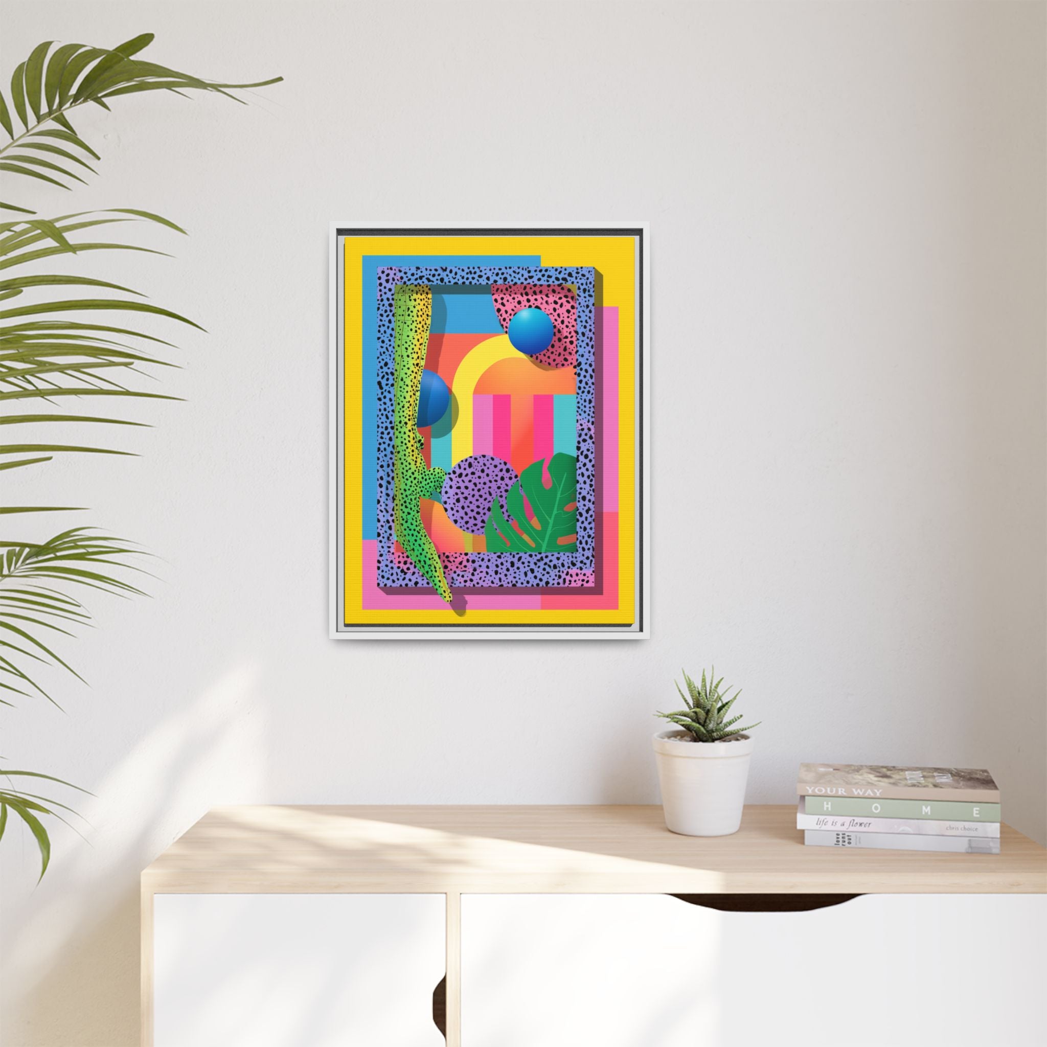 Geometric Rhythms: Abstract Layers of Color, Dimensional Shapes and Tropical Elements, Vibrant Modern Art Composition   |   Custom Orders