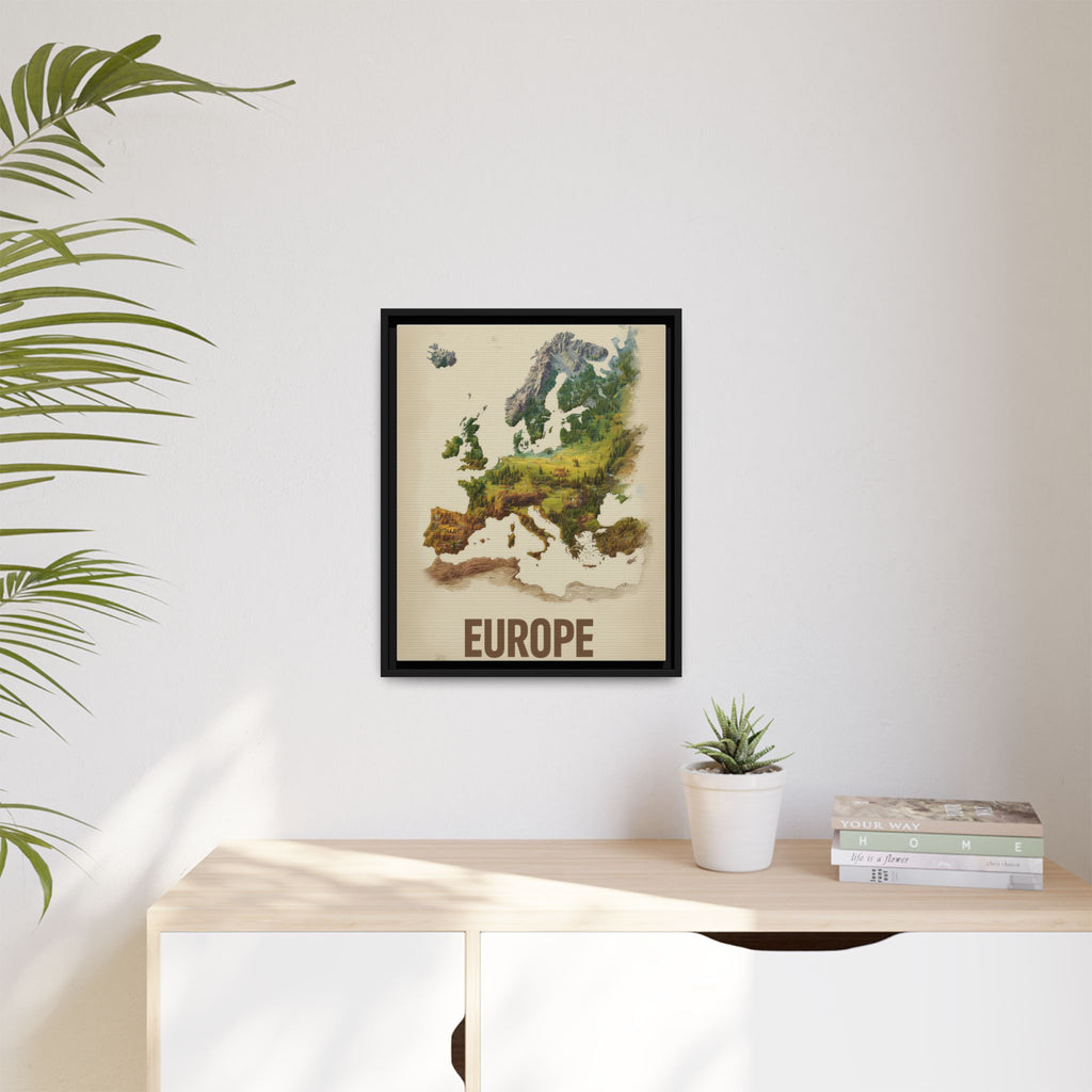 Framed Europe Map Canvas Print — Vintage Landscape Style Wall Art