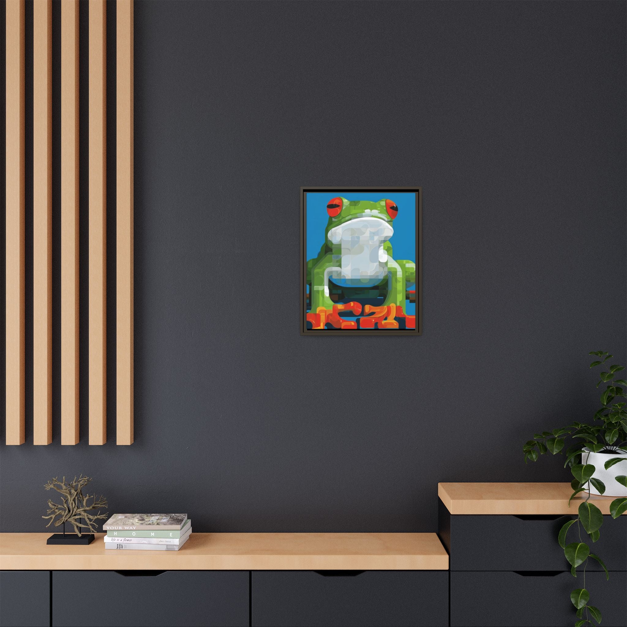 Pixel Frog Framed Print : Geometric Digital Art, Mosaic Amphibian Portrait   |  Personalized & Custom Orders Available