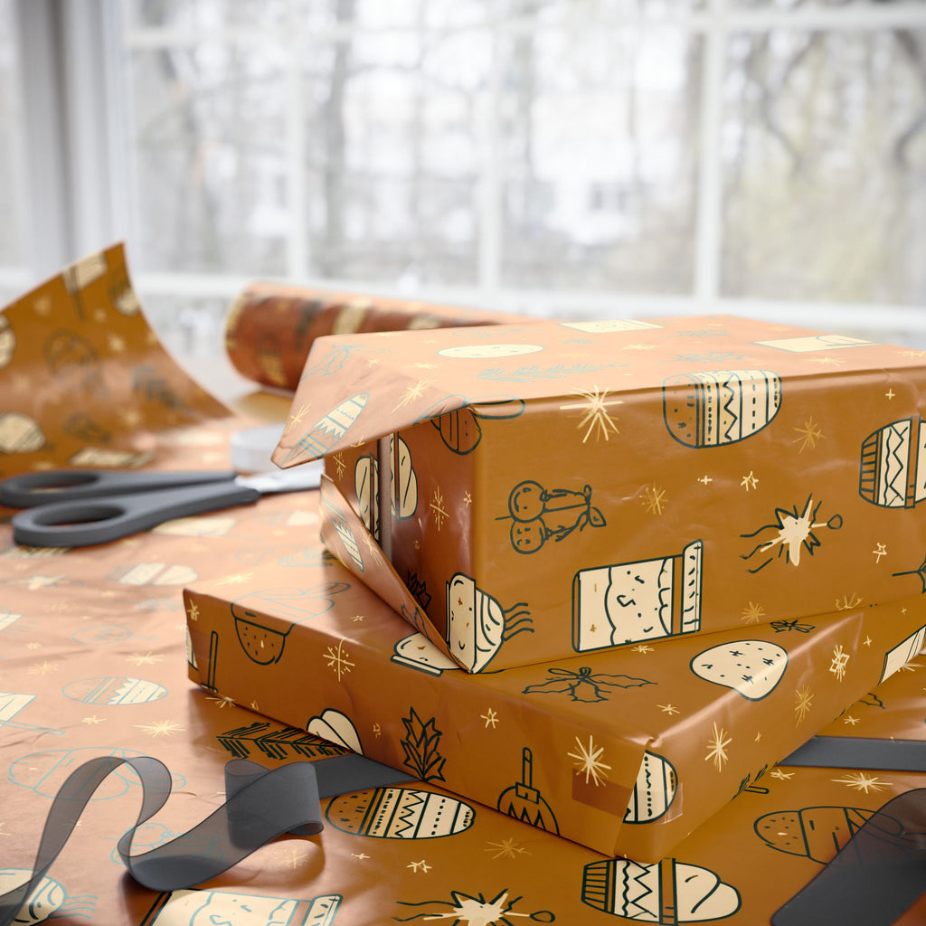 Wrapping Paper Roll — Cozy Brown Holiday Pattern with Mittens & Pine Sprigs