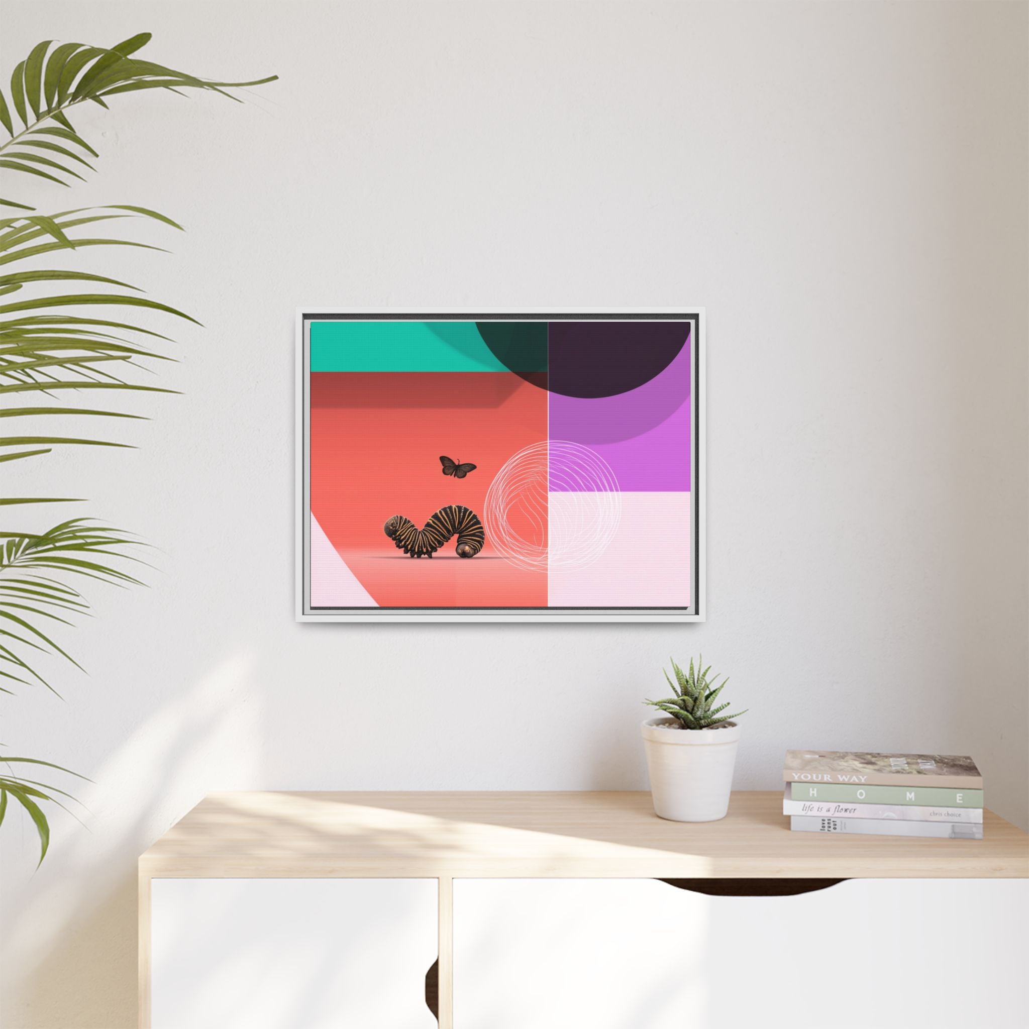 Striped Caterpillar and Butterfly Framed Print , Mid-Century Modern Color Blocks   |  Personalized & Custom Orders Available