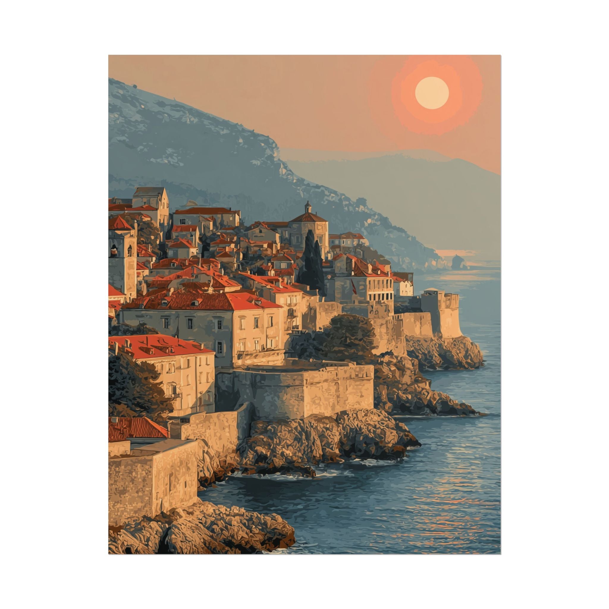 Dubrovnik's Golden Hour: Medieval Coastal Cityscape, Adriatic Sunset Panorama   |    Custom Orders Available
