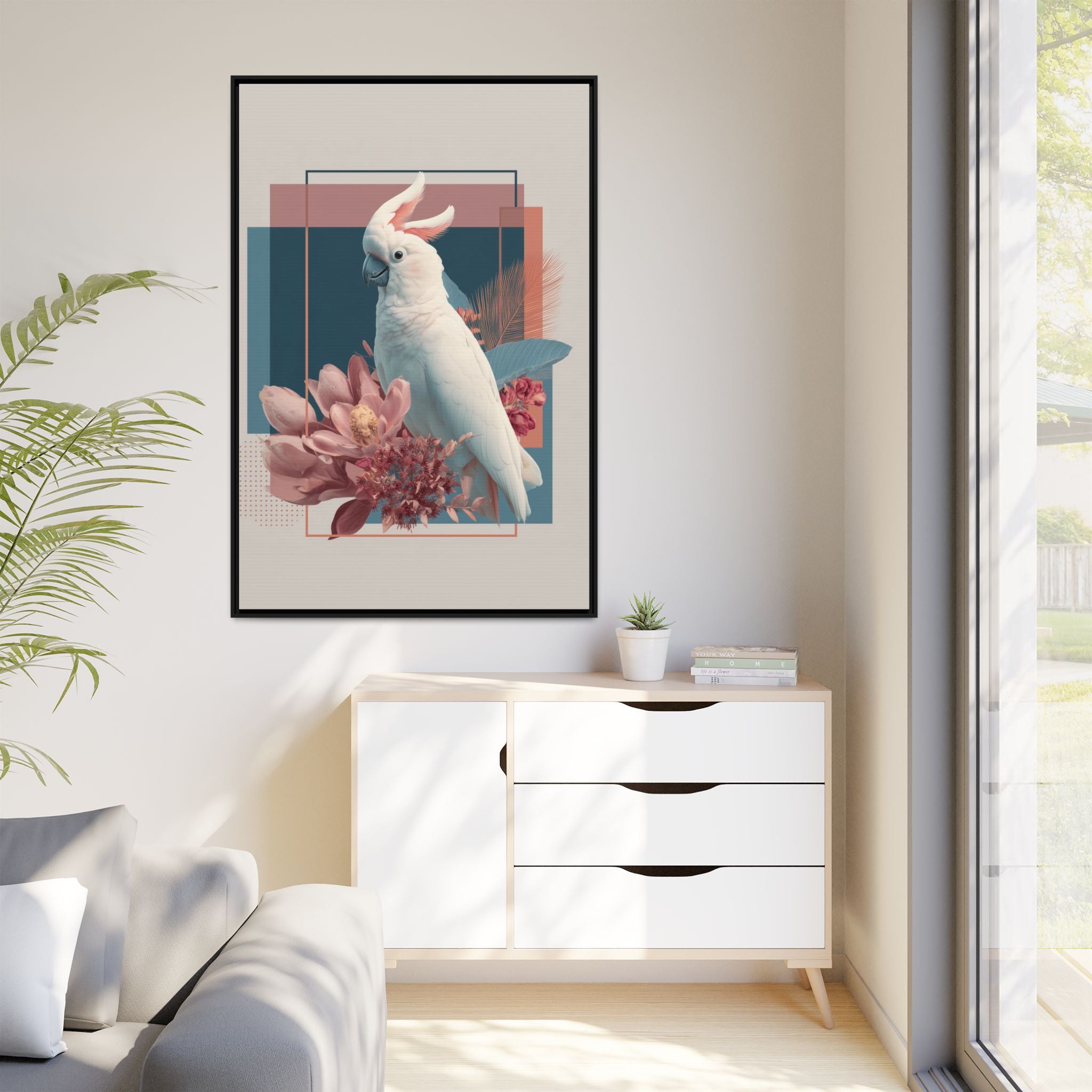 Cockatoo Geometric Framed Print : Modern Wildlife Illustration, Geometric Botanical Fusion   |  Personalized & Custom Orders Available