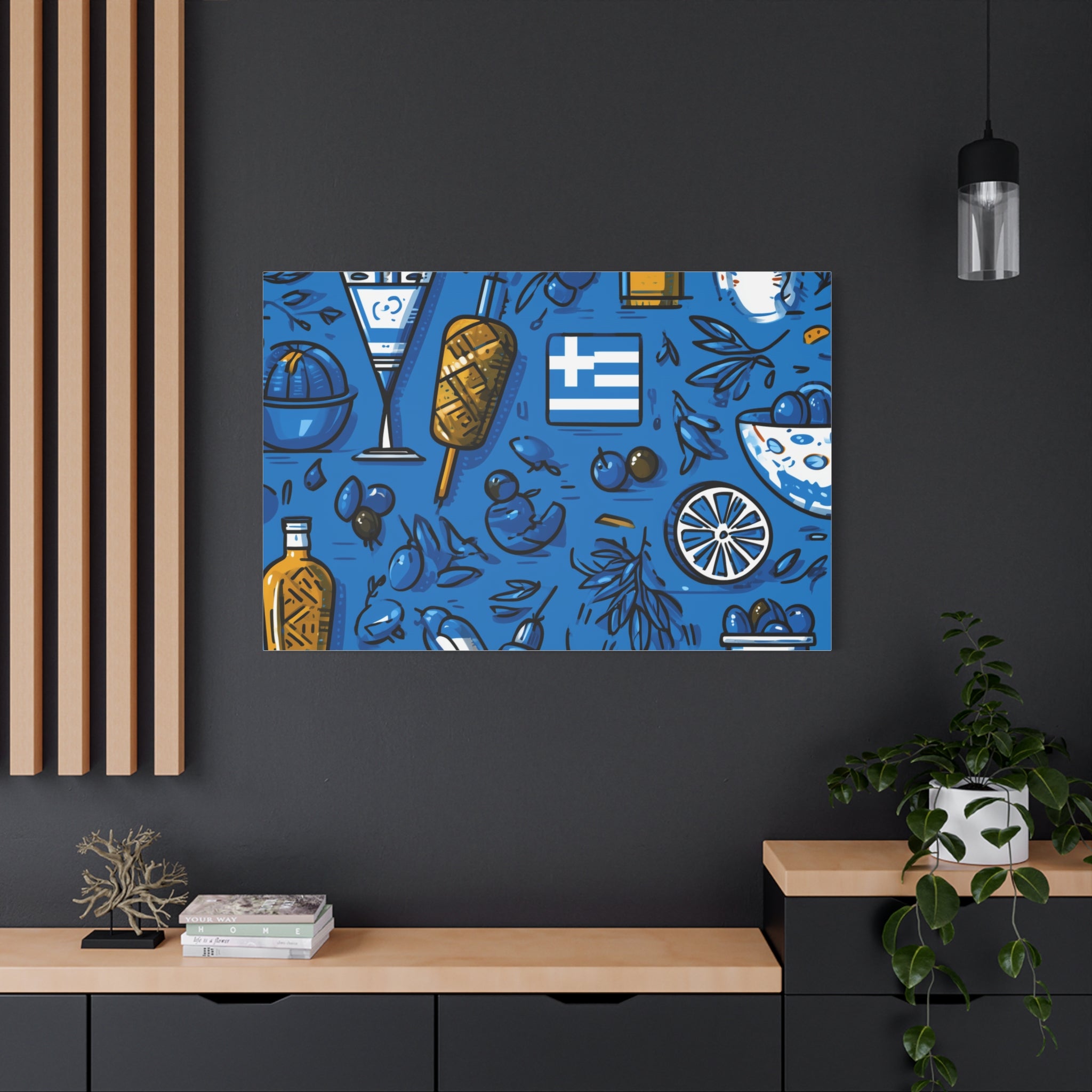 Vibrant Canvas Wall Art, Blue Mediterranean Theme, Kitchen Decor, Greek Party Decor, Olive and Drink Motif