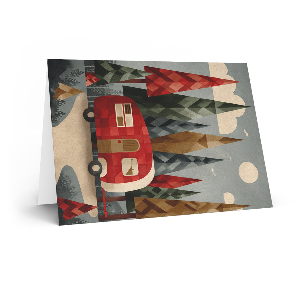 Camping Caravan Greeting Card — Retro Camper & Pine Trees Note Card