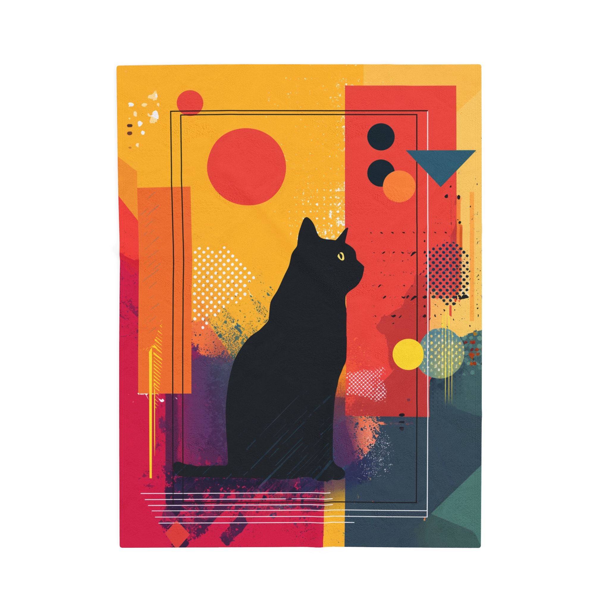 Feline Geometrica Blanket: Black Cat Silhouette, Abstract Color Blocks, Modern Graphic Design   |  Personalized & Custom Orders Available
