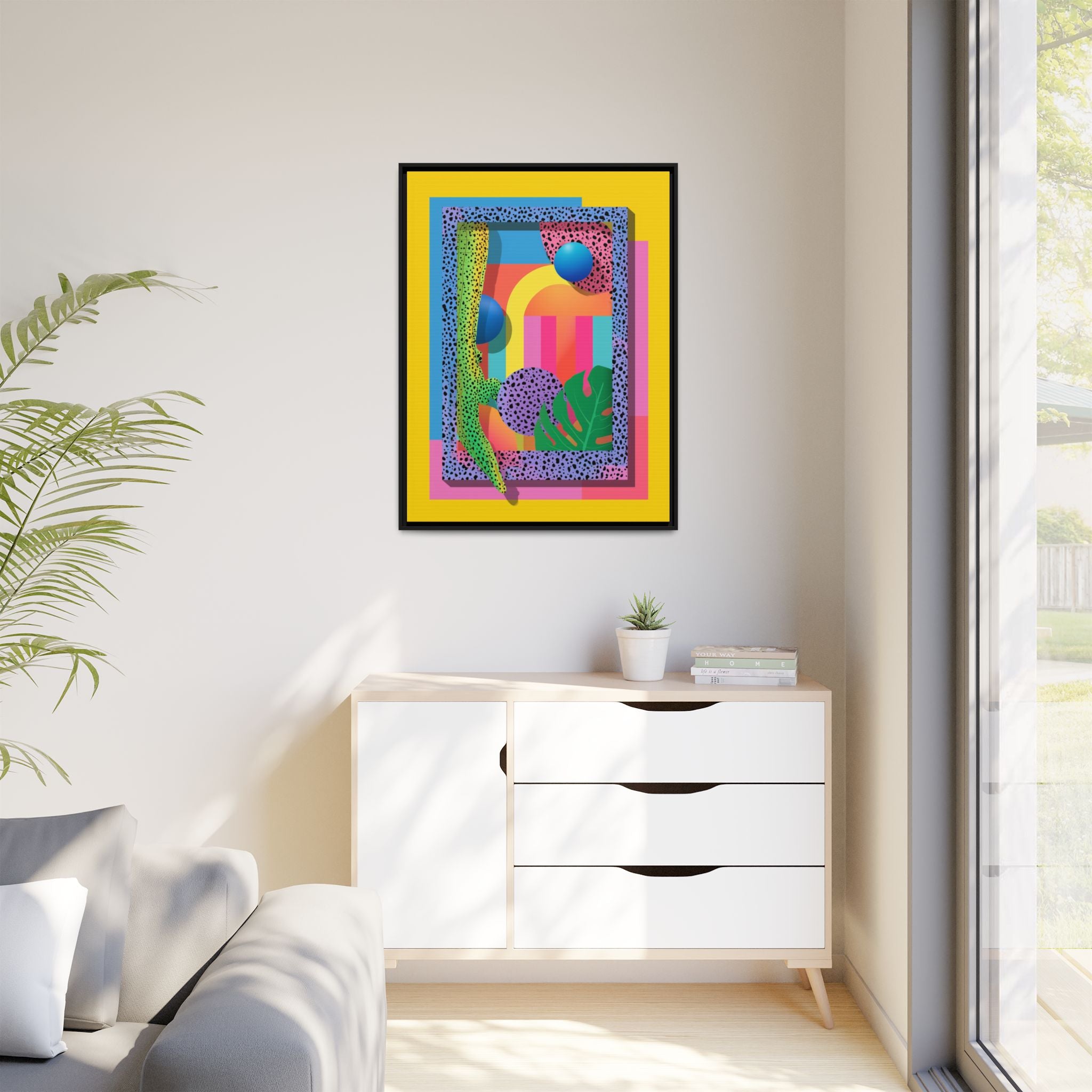 Geometric Rhythms: Abstract Layers of Color, Dimensional Shapes and Tropical Elements, Vibrant Modern Art Composition   |   Custom Orders