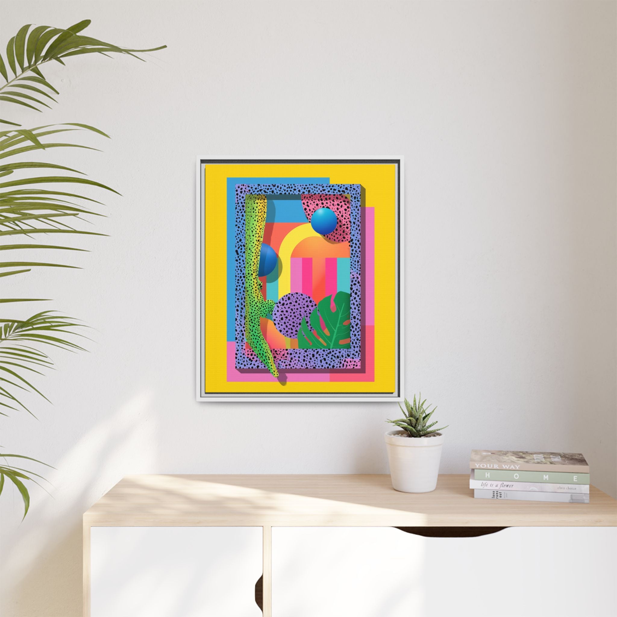 Geometric Rhythms: Abstract Layers of Color, Dimensional Shapes and Tropical Elements, Vibrant Modern Art Composition   |   Custom Orders