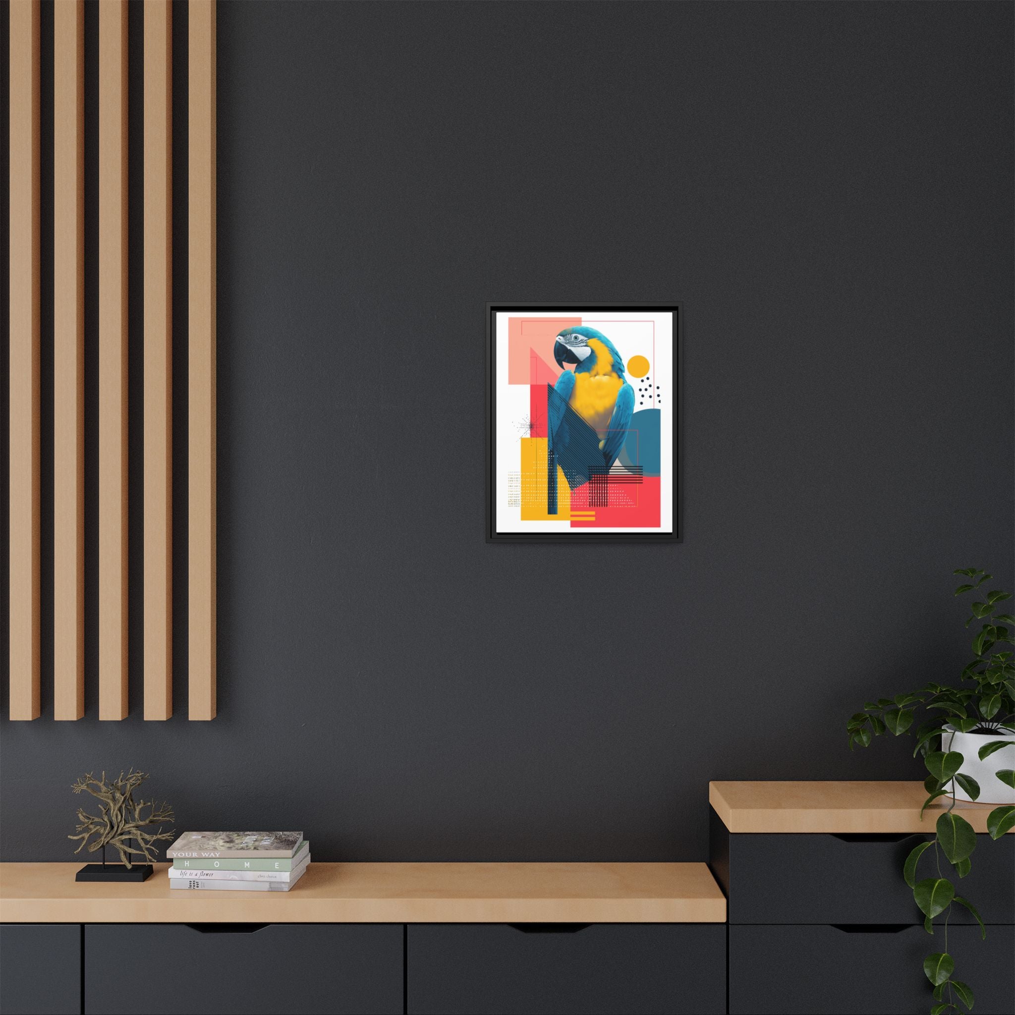 Prismatic Parrot Framed Print: Blue and Yellow Macaw in Geometric Space, Digital Art Composition   |  Personalized & Custom Orders Available