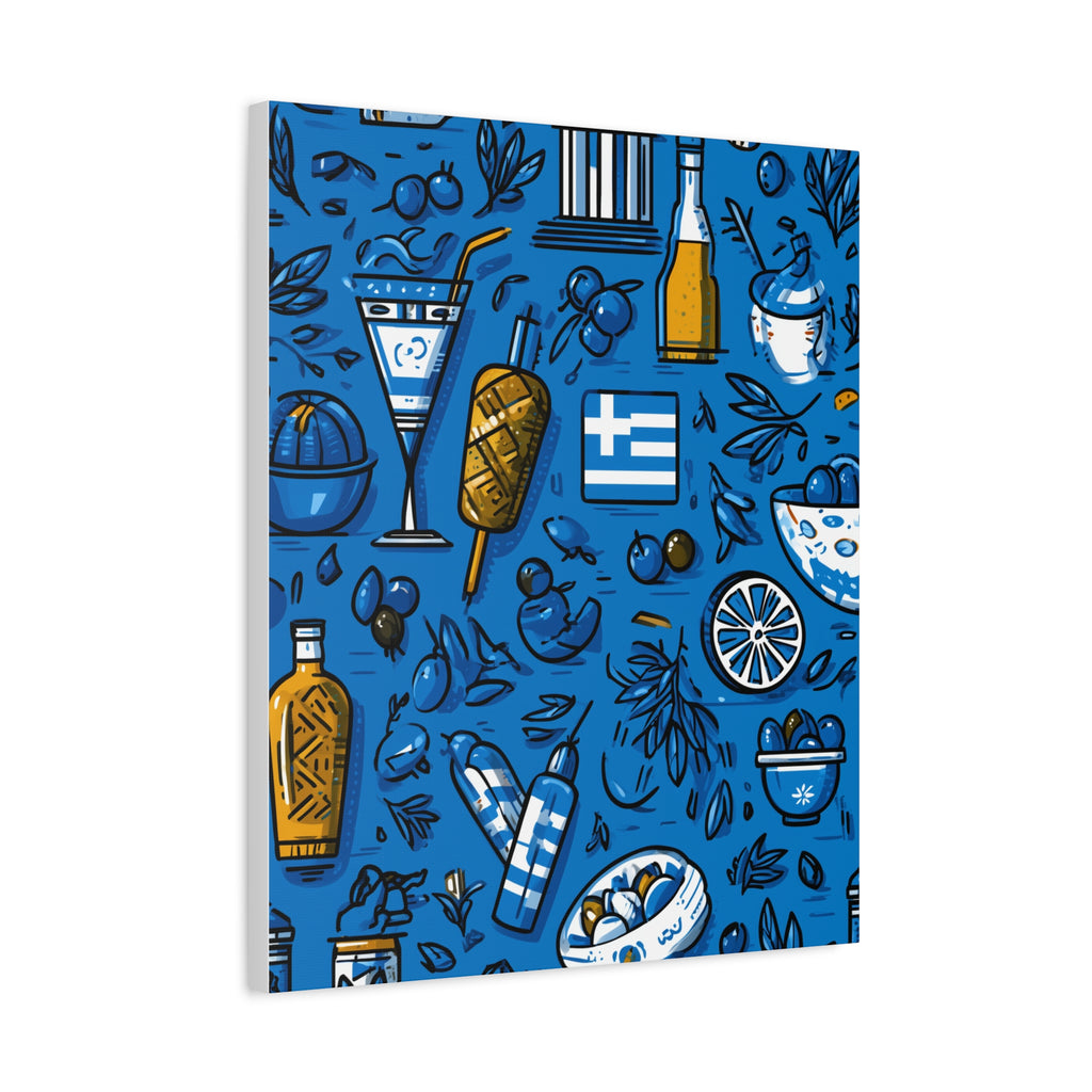 Vibrant Canvas Wall Art, Blue Mediterranean Theme, Kitchen Decor, Greek Party Decor, Olive and Drink Motif