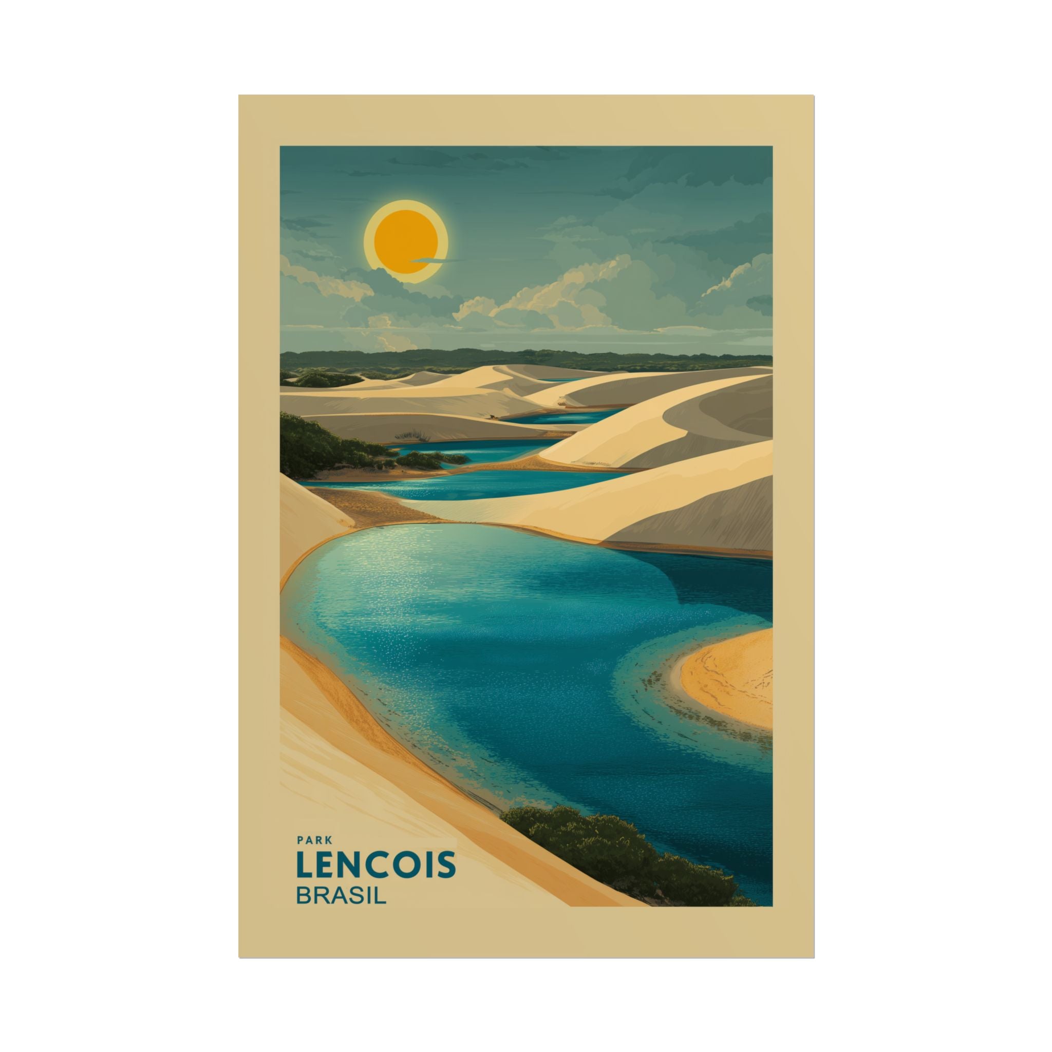 Lençois Park Dreamscape: Golden Dunes and Turquoise Waters, Vintage Travel Poster Panorama   |    Custom Orders Available