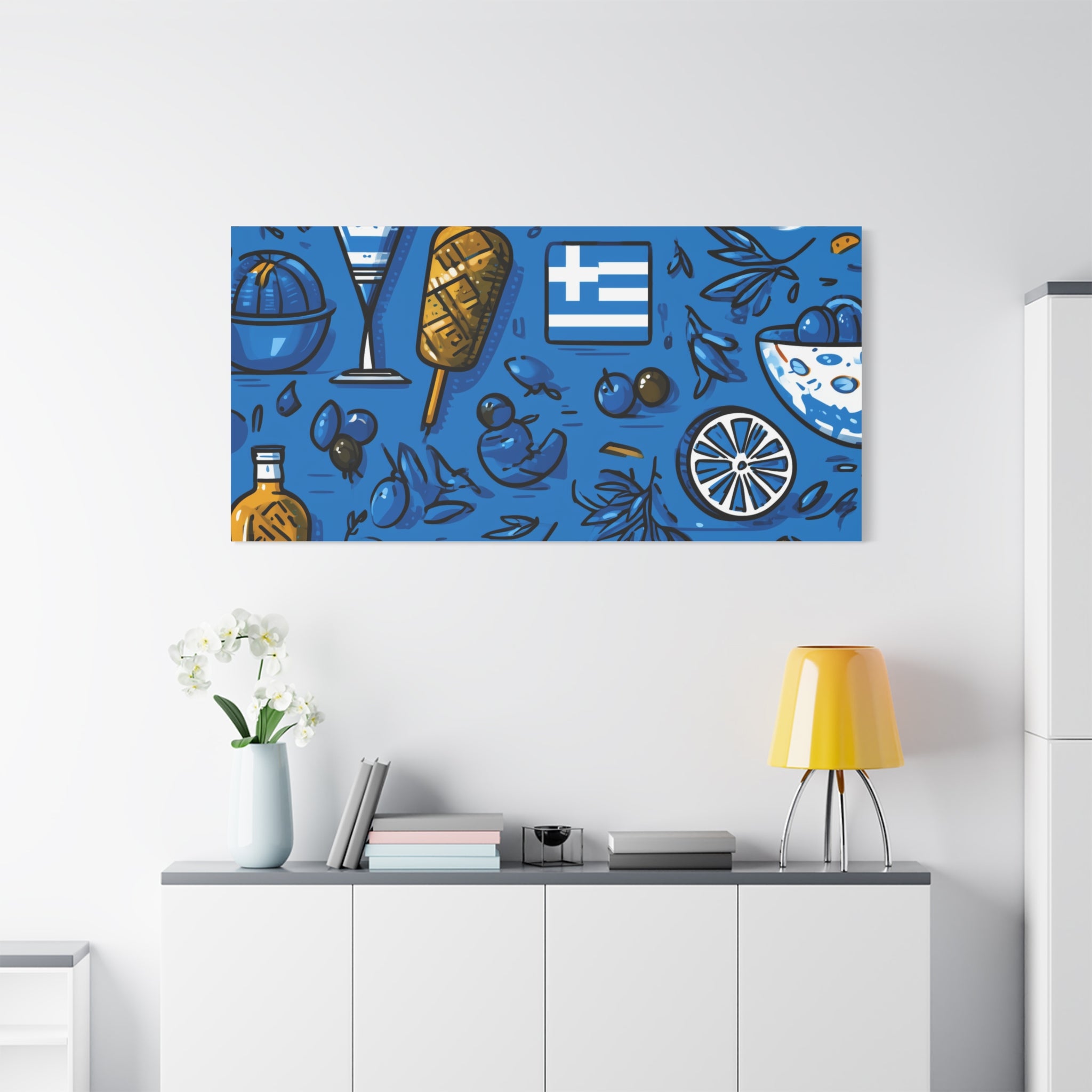 Vibrant Canvas Wall Art, Blue Mediterranean Theme, Kitchen Decor, Greek Party Decor, Olive and Drink Motif