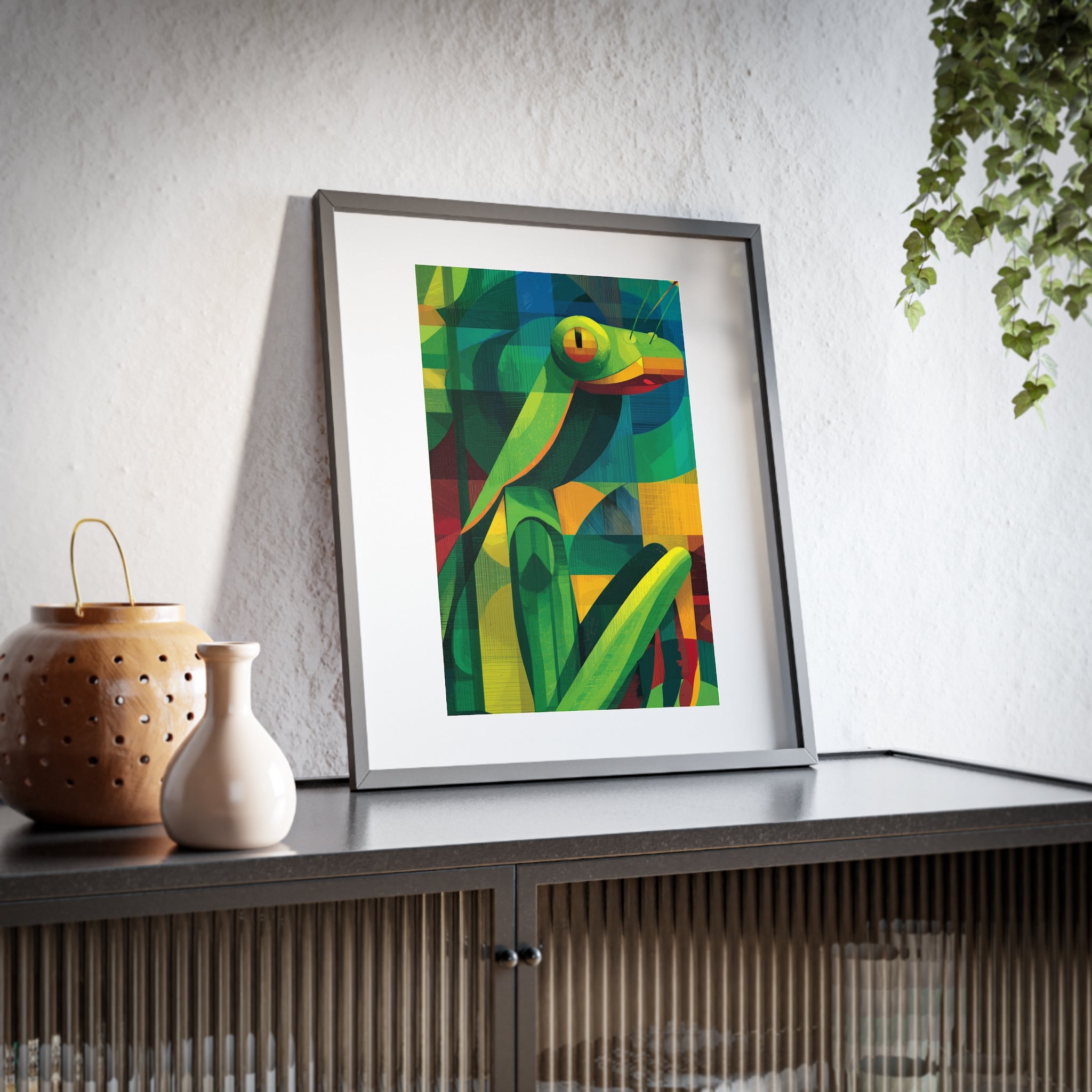 Vibrant Praying Mantis Art Framed Poster, Colorful Wall Decor, Nature-Inspired Home Decor, Unique Gift for Animal Lovers, Modern Art Print