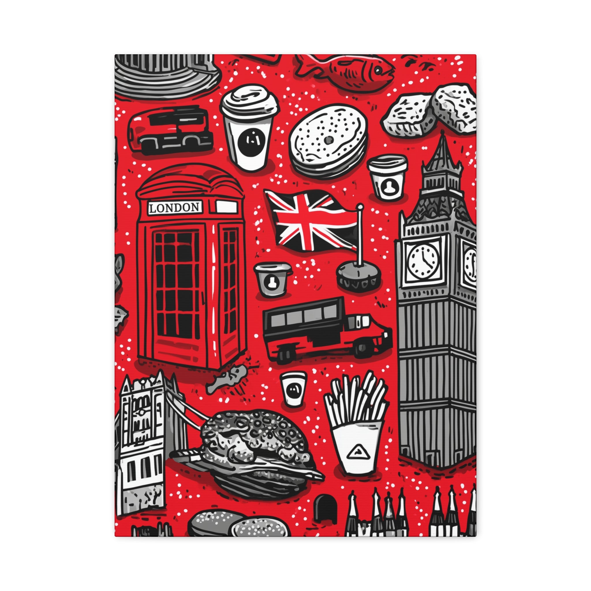London-Themed Canvas Art, Wall Decor, Home Office Artwork, UK Travel Gift, British Culture Decor, Red and Black Design