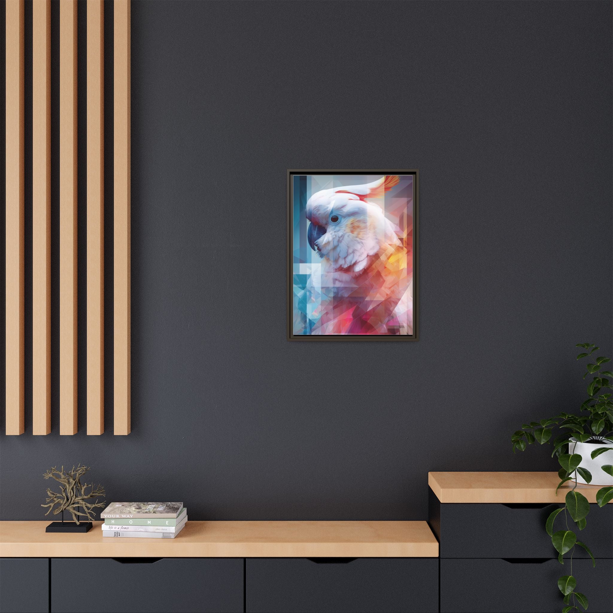 Fractured Cockatoo Framed Print: Geometric Wildlife Art, Low-Poly Digital Illustration   |  Personalized & Custom Orders Available