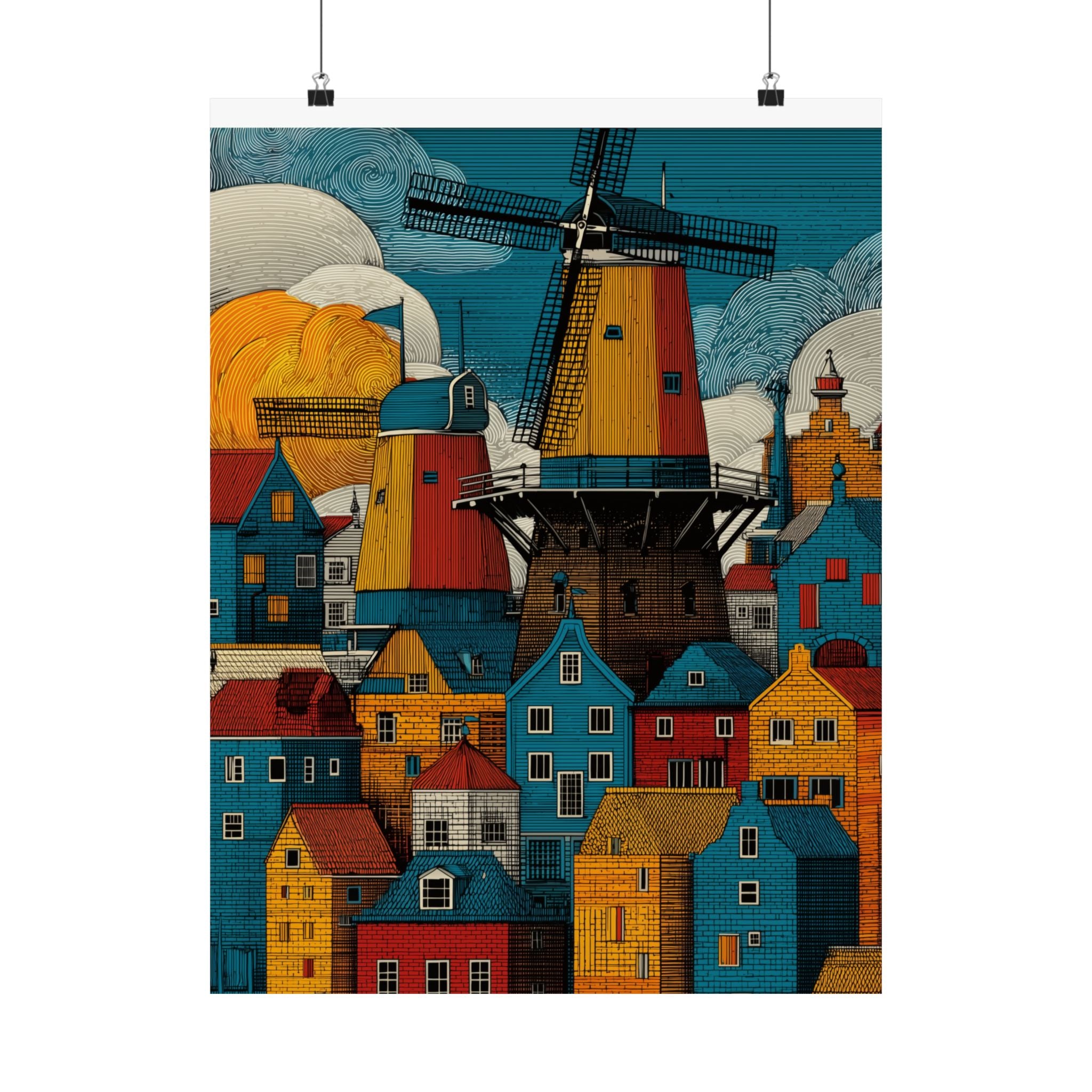 Colorful Windmill Art Print, Home Decor, Vintage Poster, Landscape Wall Art, Gift for Housewarming, Dutch Art Decoration