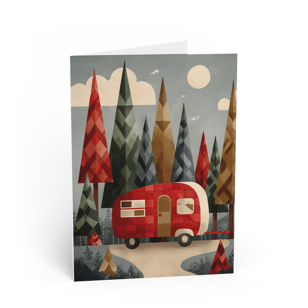 Camping Caravan Greeting Card — Retro Camper & Pine Trees Note Card