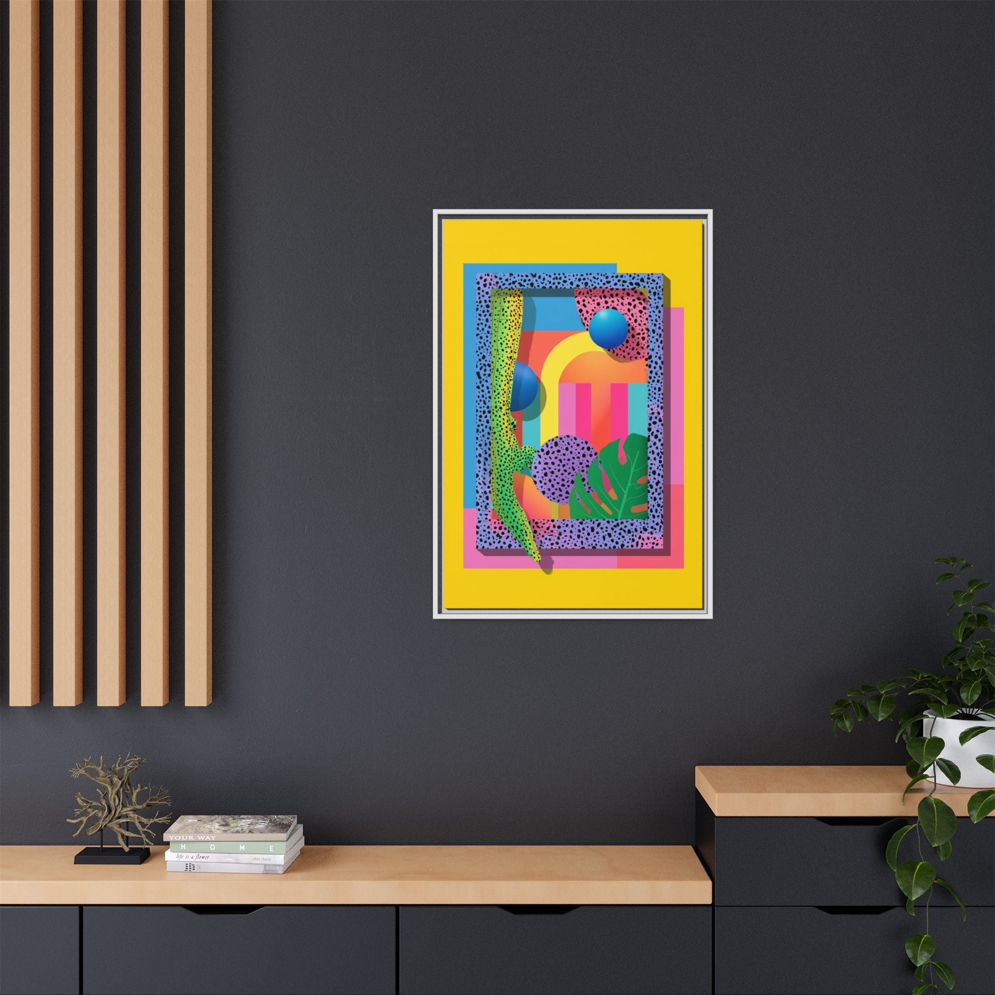 Geometric Rhythms: Abstract Layers of Color, Dimensional Shapes and Tropical Elements, Vibrant Modern Art Composition   |   Custom Orders