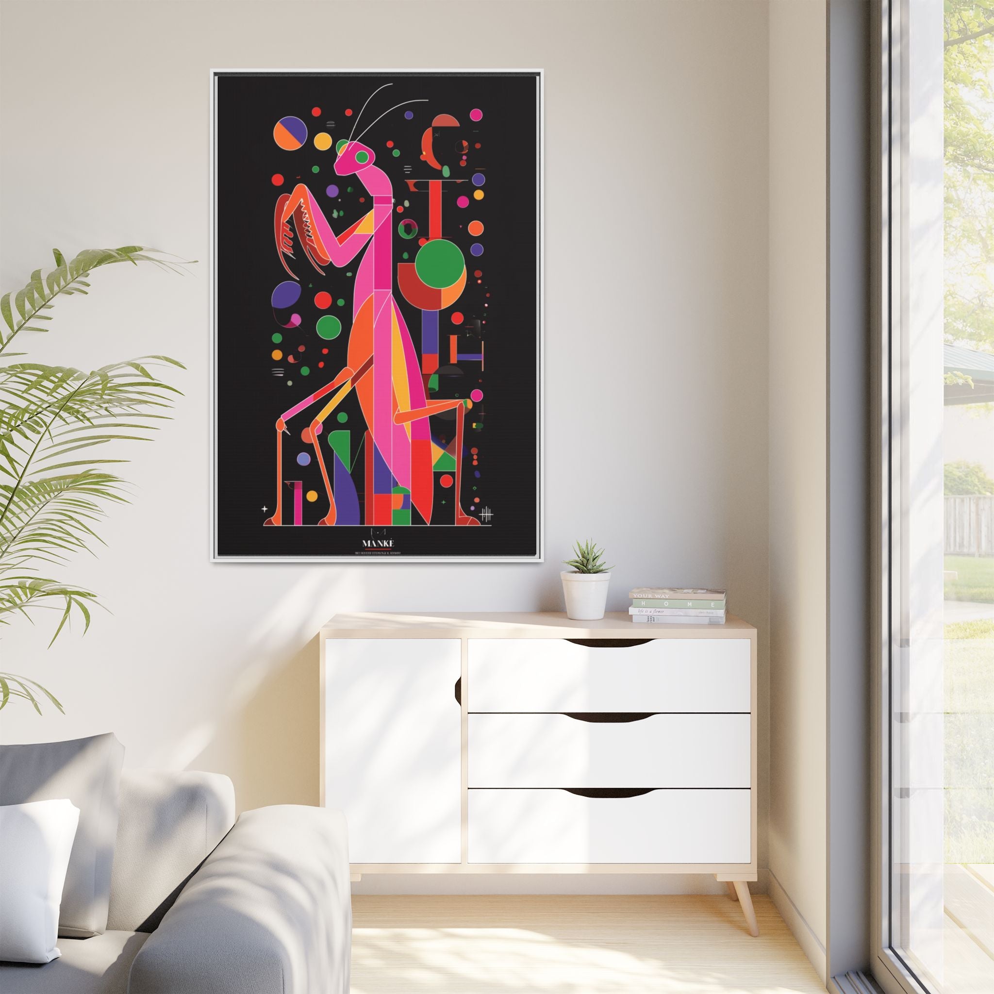 Mantis Geometrica Framed Print : Cubist Insect Design, Vibrant Graphic Poster Art   |   Custom Orders Available