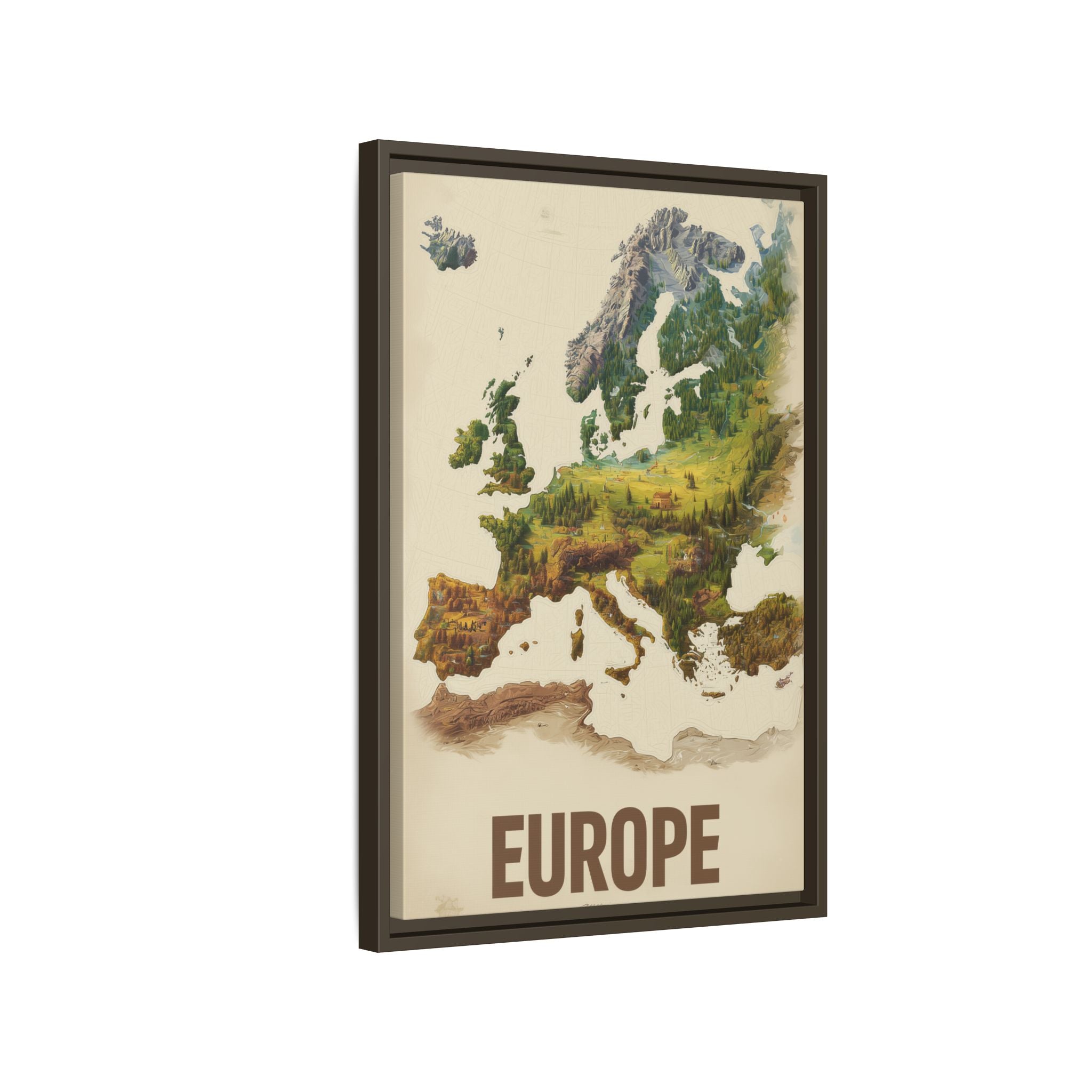 Framed Europe Map Canvas Print — Vintage Landscape Style Wall Art