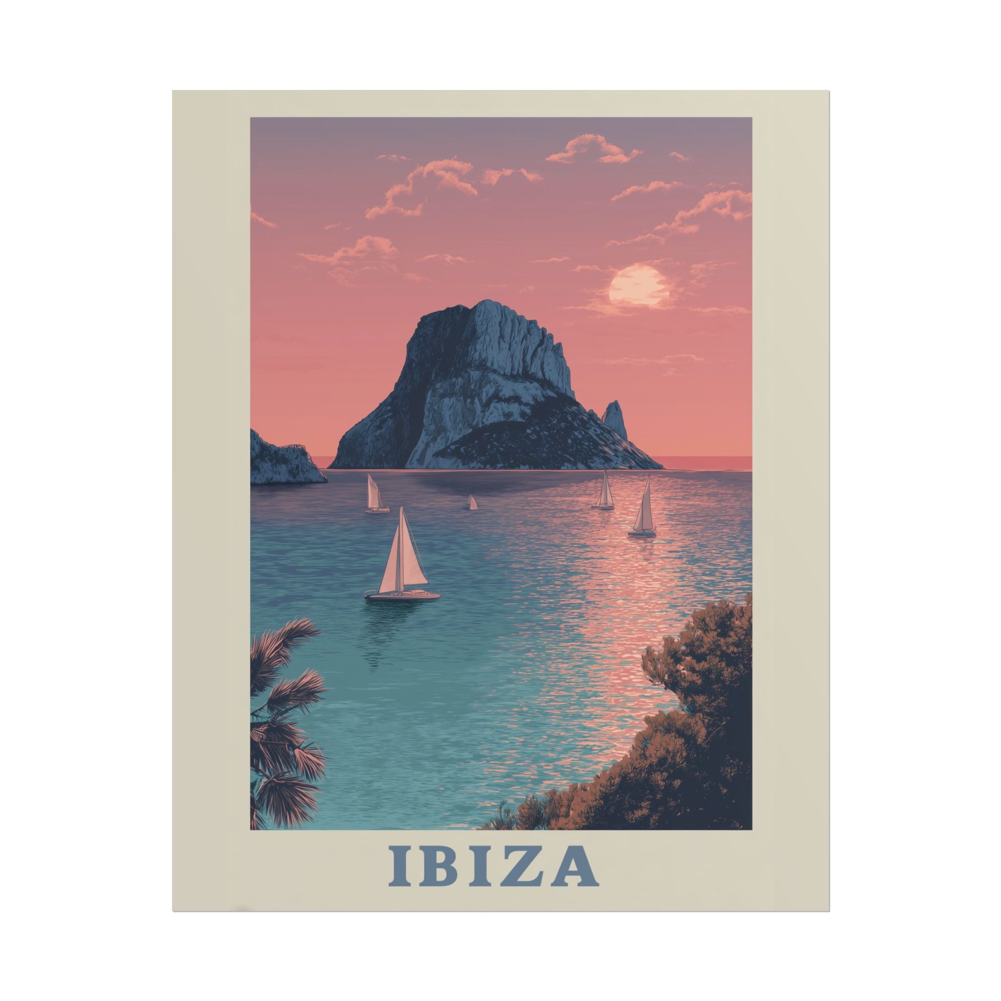 Ibiza Sunset Serenade: Vintage Travel Poster, Mediterranean Coastal Landscape   |    Custom Orders Available
