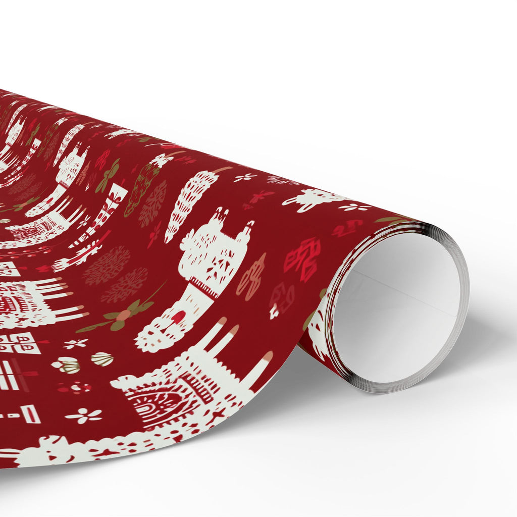 Christmas Wrapping Paper Roll — Red Nordic Reindeer & Tree Holiday Print