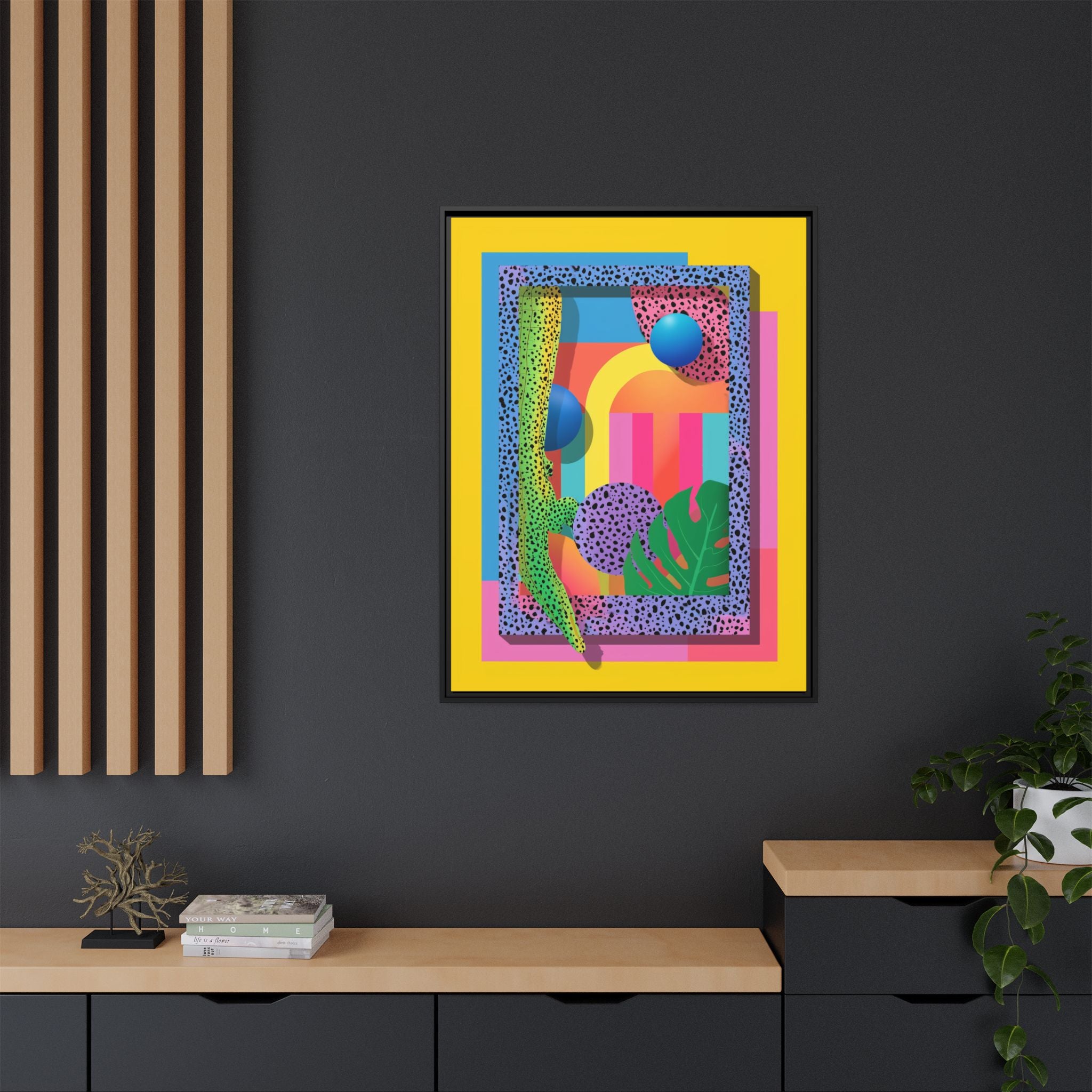 Geometric Rhythms: Abstract Layers of Color, Dimensional Shapes and Tropical Elements, Vibrant Modern Art Composition   |   Custom Orders