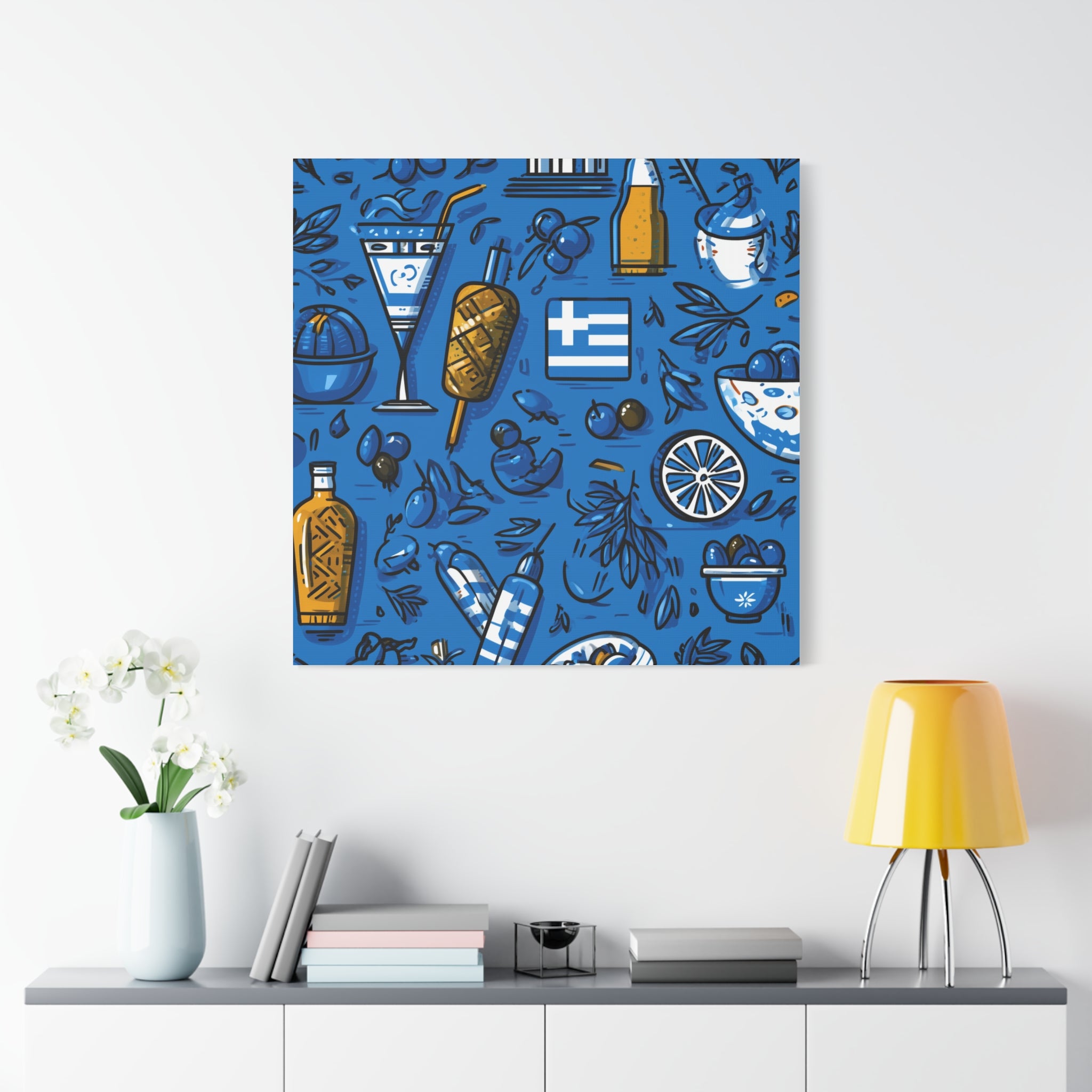 Vibrant Canvas Wall Art, Blue Mediterranean Theme, Kitchen Decor, Greek Party Decor, Olive and Drink Motif