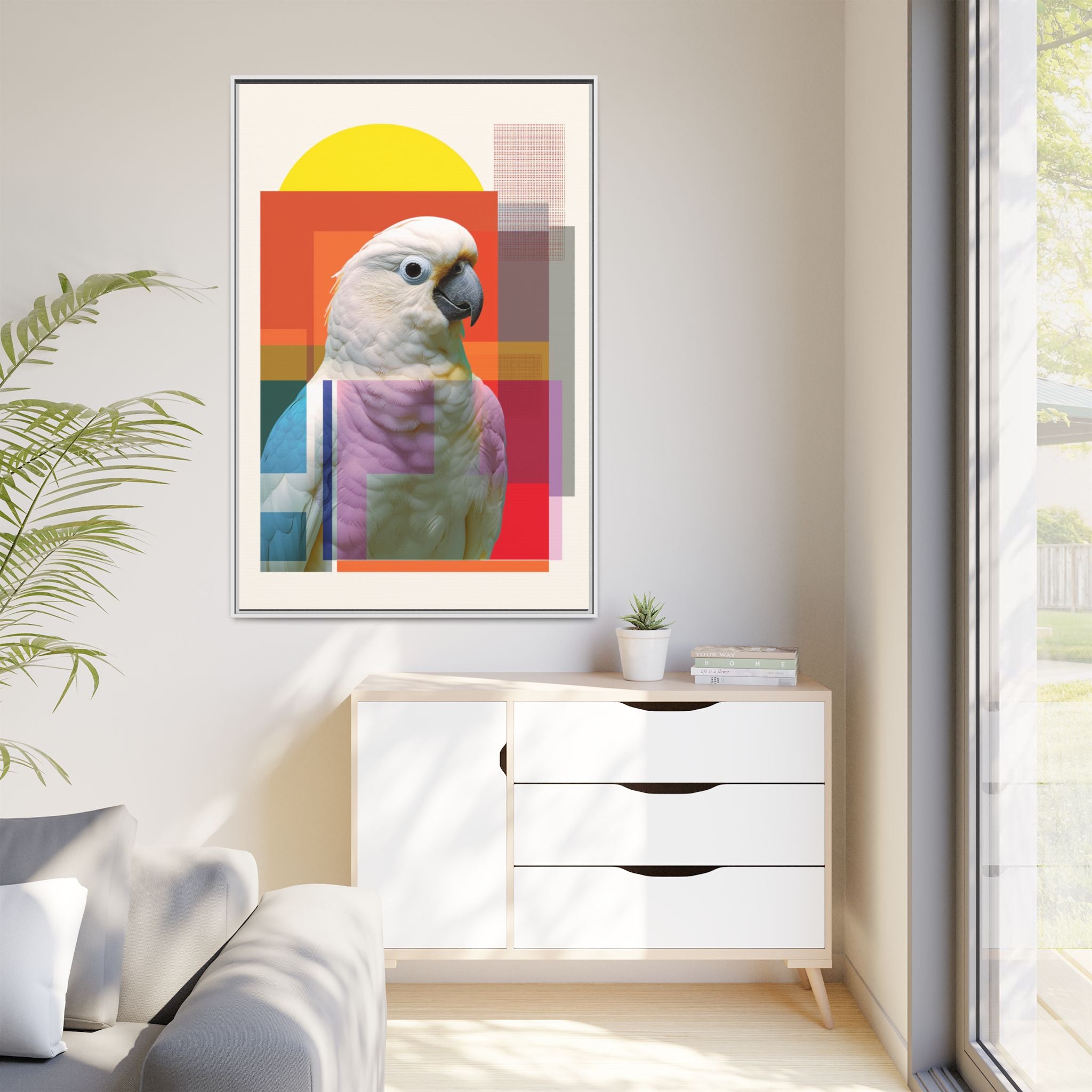 Cockatoo Chromatics Framed Print: Geometric Wildlife Portrait, Contemporary Art Print   |  Personalized & Custom Orders Available