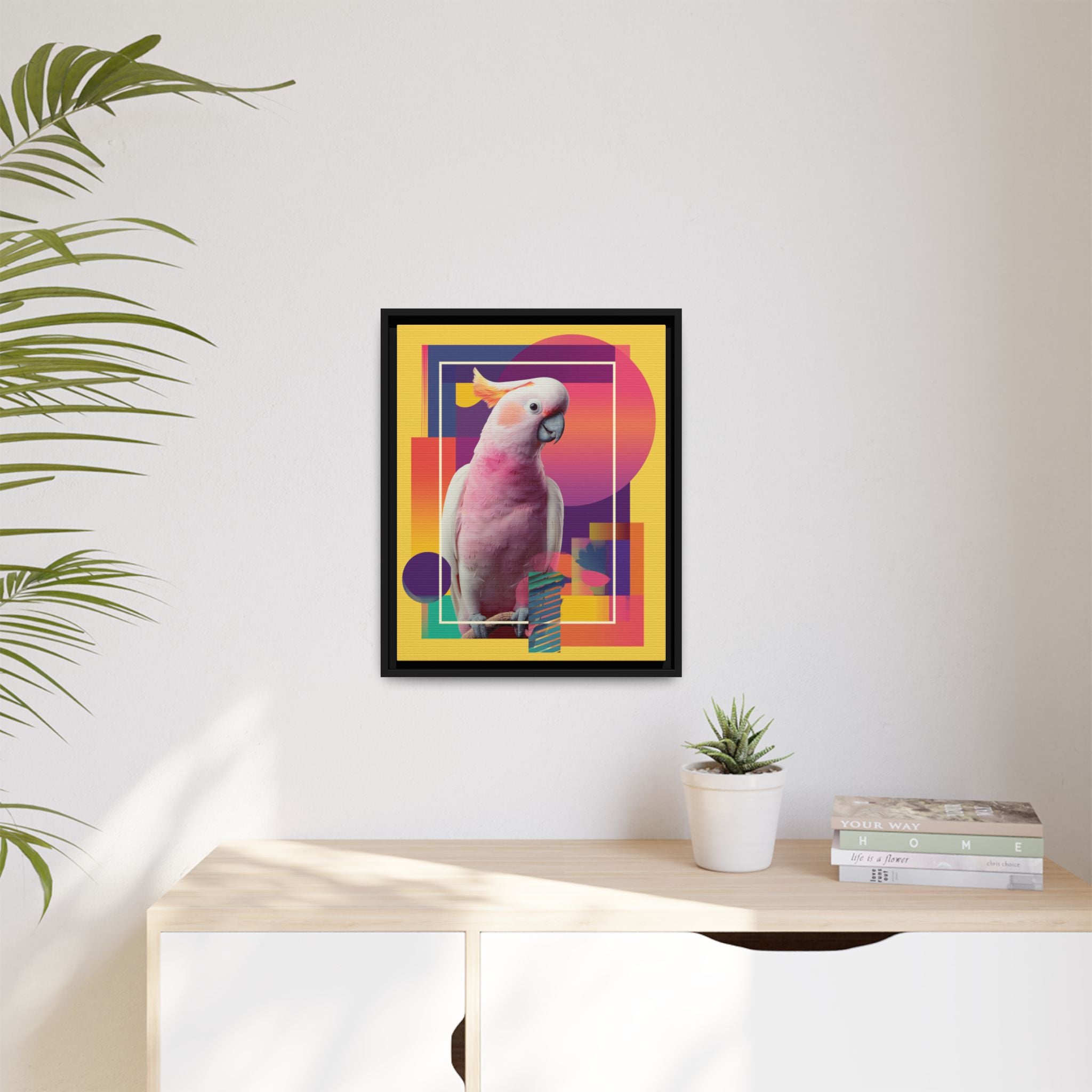 Framed Print, Cockatoo Abstract Geometric Wall Art, Matte Canvas, Colorful Bird Poster, Modern Home Decor, Tropical Animal Painting, Unique