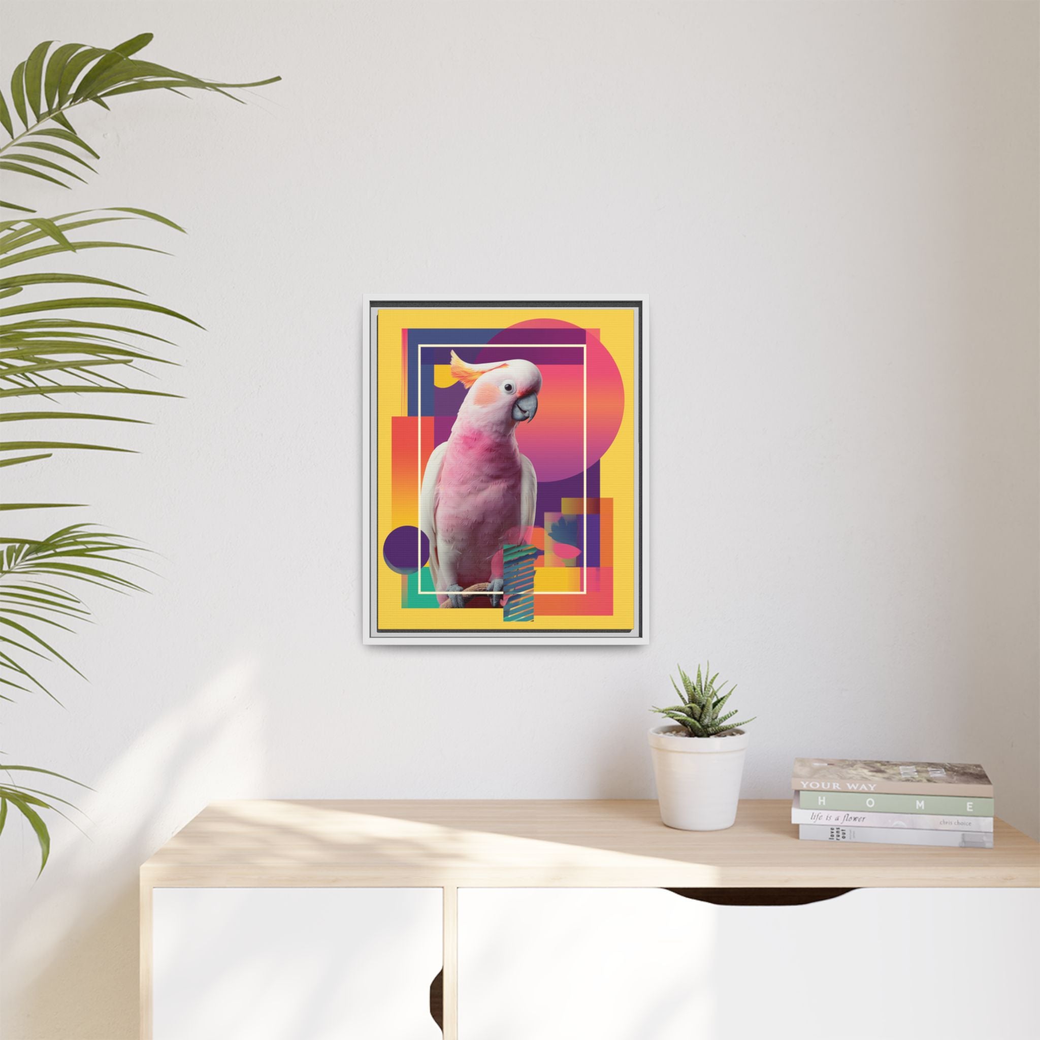 Framed Print, Cockatoo Abstract Geometric Wall Art, Matte Canvas, Colorful Bird Poster, Modern Home Decor, Tropical Animal Painting, Unique