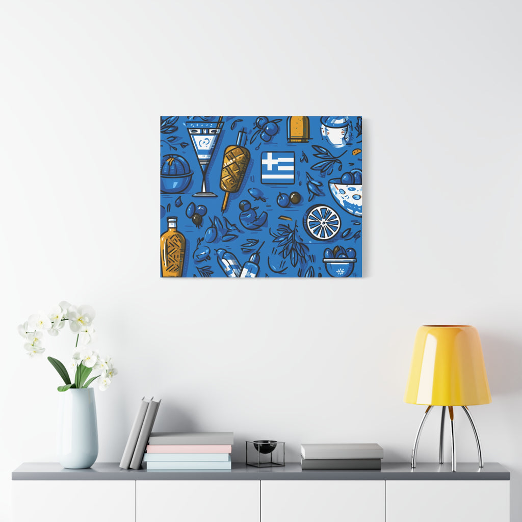 Vibrant Canvas Wall Art, Blue Mediterranean Theme, Kitchen Decor, Greek Party Decor, Olive and Drink Motif