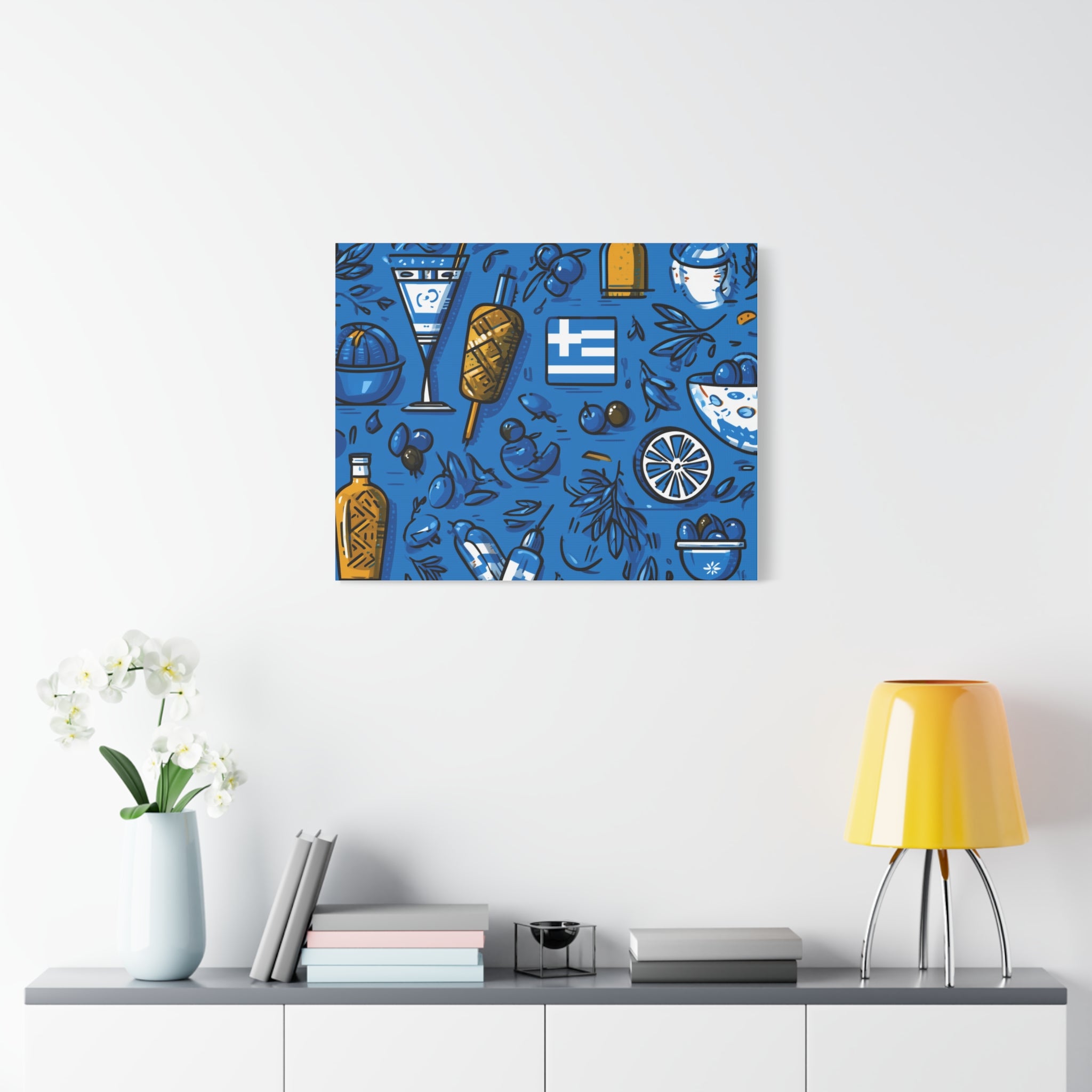 Vibrant Canvas Wall Art, Blue Mediterranean Theme, Kitchen Decor, Greek Party Decor, Olive and Drink Motif