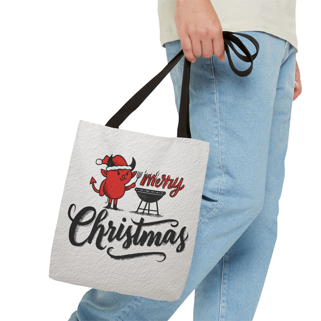Festive Tote Bag, Christmas Gift, Holiday Shopping Bag, Red Devil BBQ Design, Merry Christmas Tote