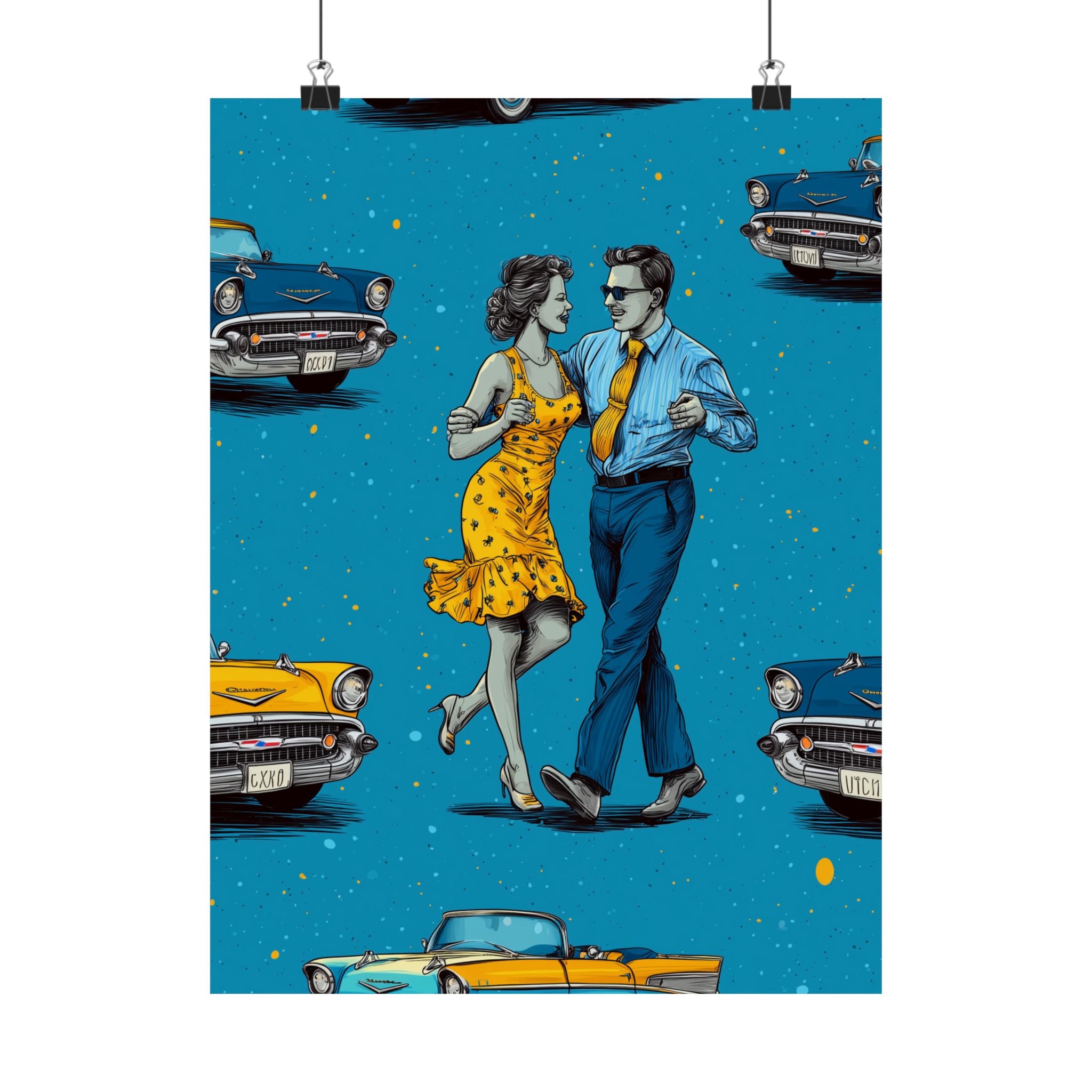 Retro Cuba Cuban Salsa Dance Poster, Vintage Wall Art, 1950s Decor, Blue Car Art, Nostalgic Home Decoration
