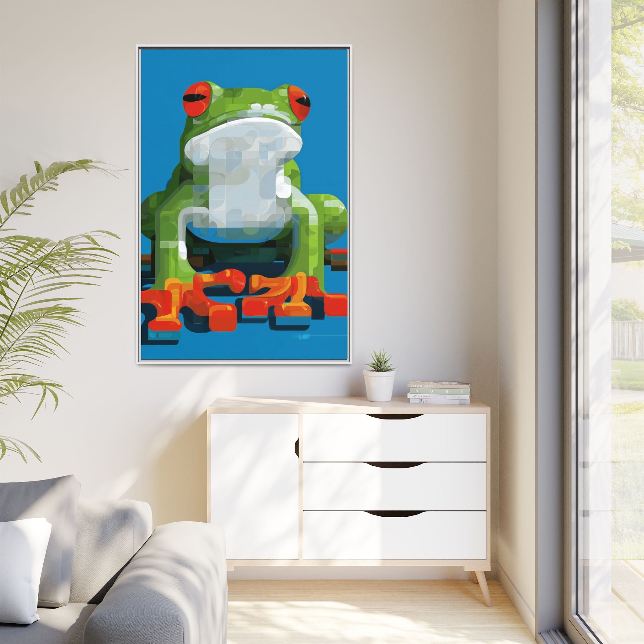 Pixel Frog Framed Print : Geometric Digital Art, Mosaic Amphibian Portrait   |  Personalized & Custom Orders Available