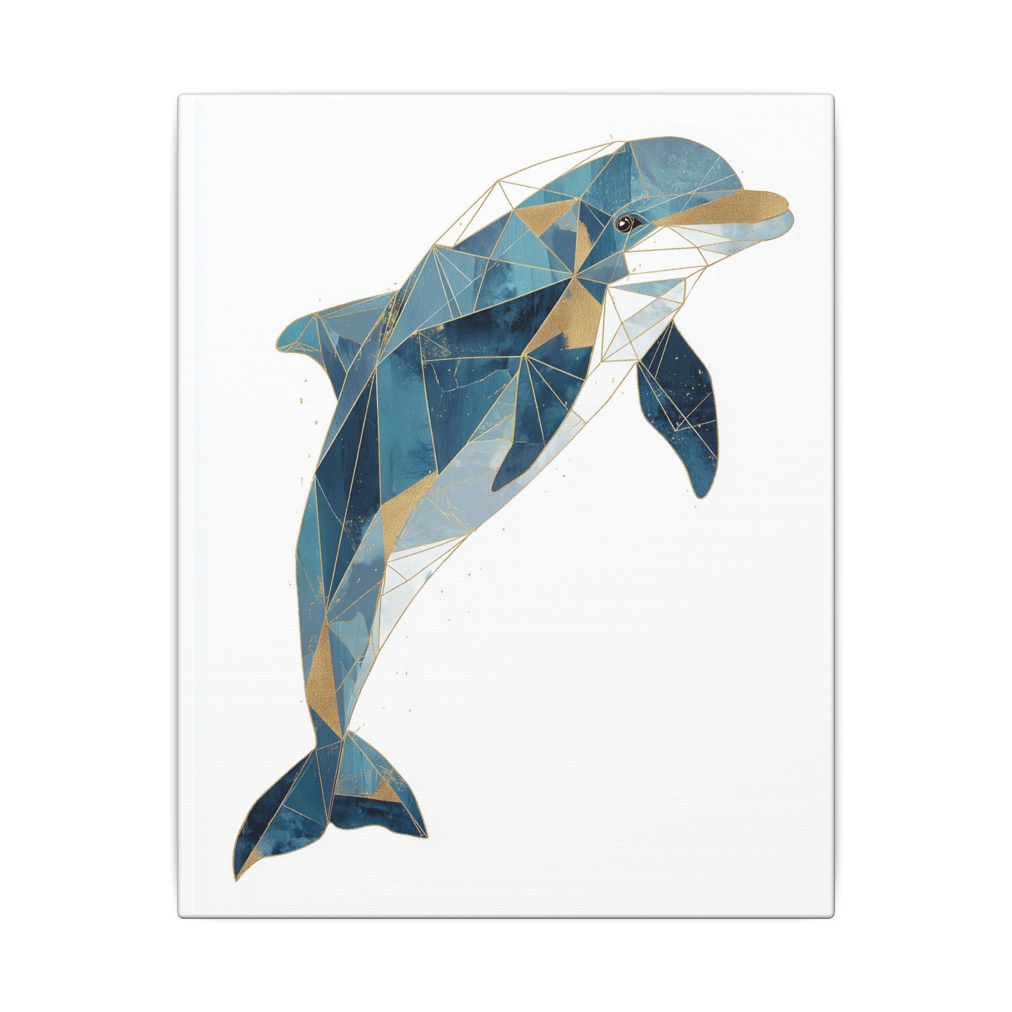 Canvas Print, Geometric Abstract Dolphin Gold Accented Wall Art, High Quality, Stretched, Multi-Size, Home Decor, Office Decor, Gift Idea,