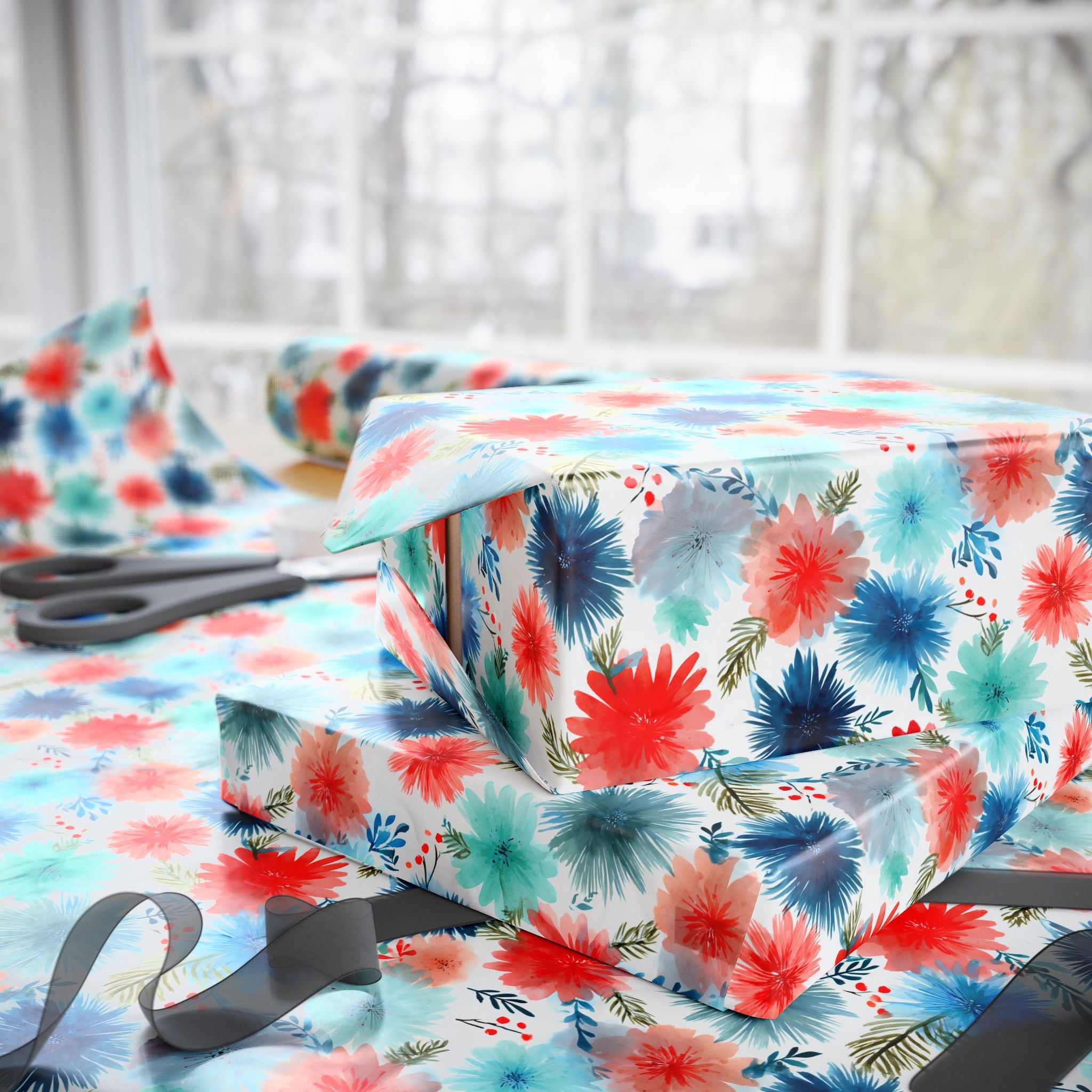 Wrapping Paper — Watercolor Floral Holiday Pattern (Red, Teal, Pine Sprigs)