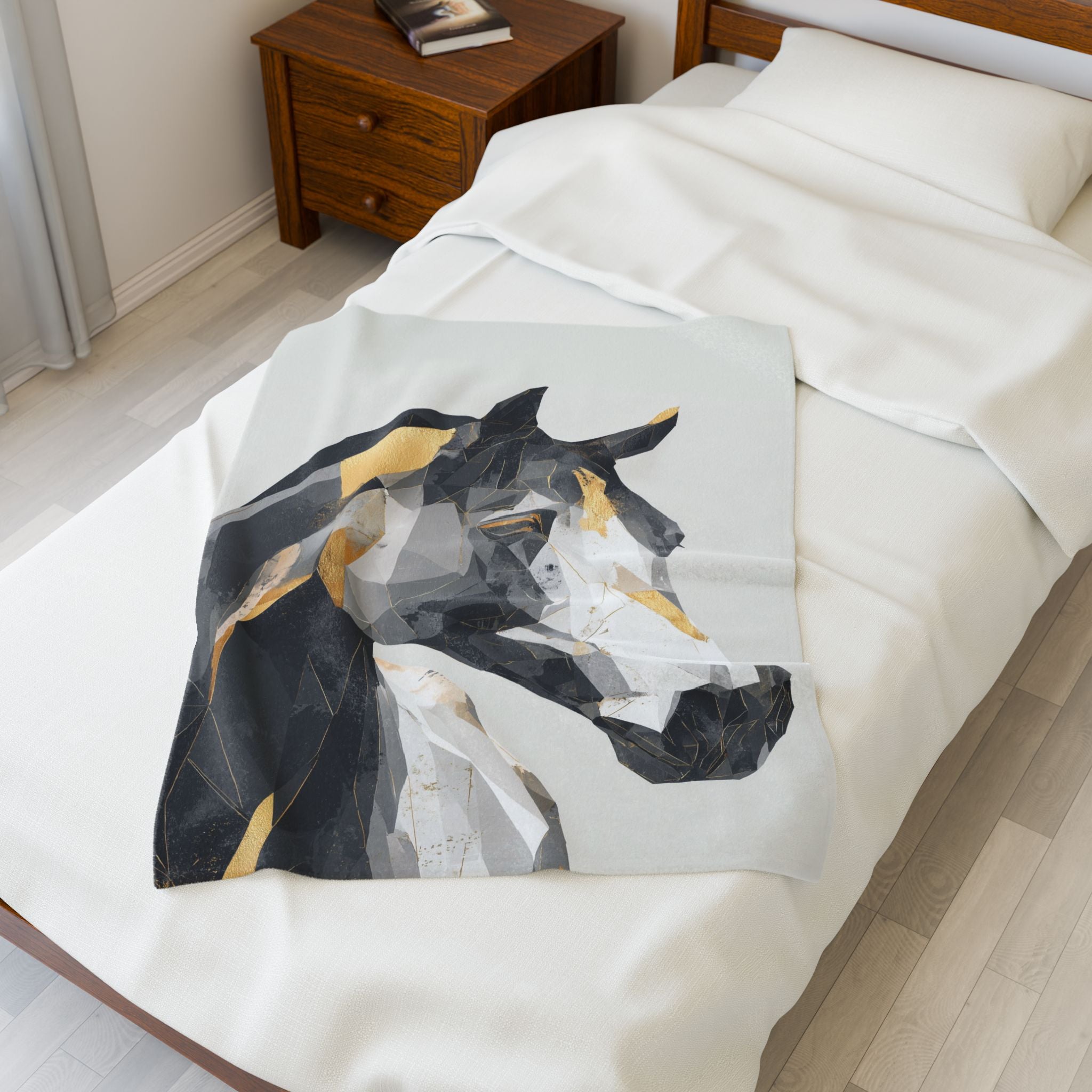 Fractured Equine: Geometric Horse Blanket, Digital Art Polygon Style, Metallic Gray Contemporary Composition   |  Personalized & Custom