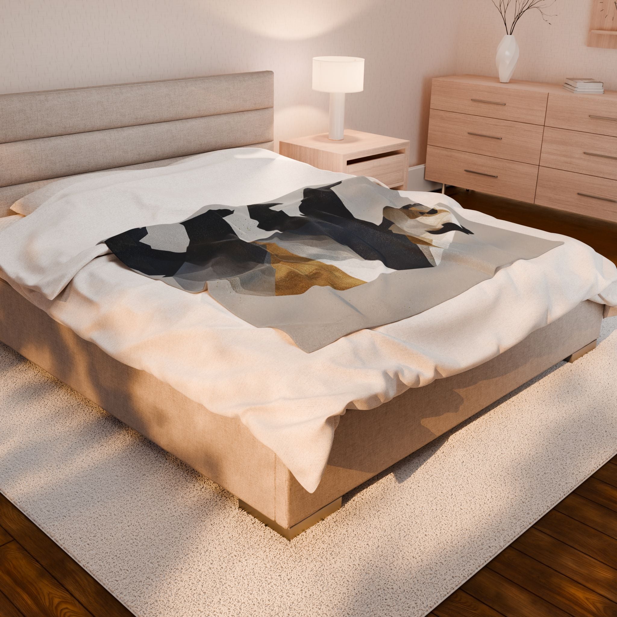 Velveteen Plush Geometric Panda Blanket: , Modern Minimalist Design, Gold and Monochrome Illustration   |  Personalized & Custom Order