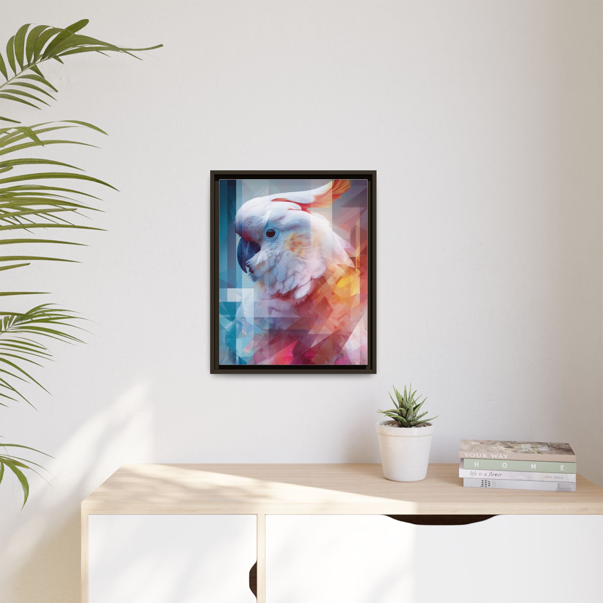 Fractured Cockatoo Framed Print: Geometric Wildlife Art, Low-Poly Digital Illustration   |  Personalized & Custom Orders Available