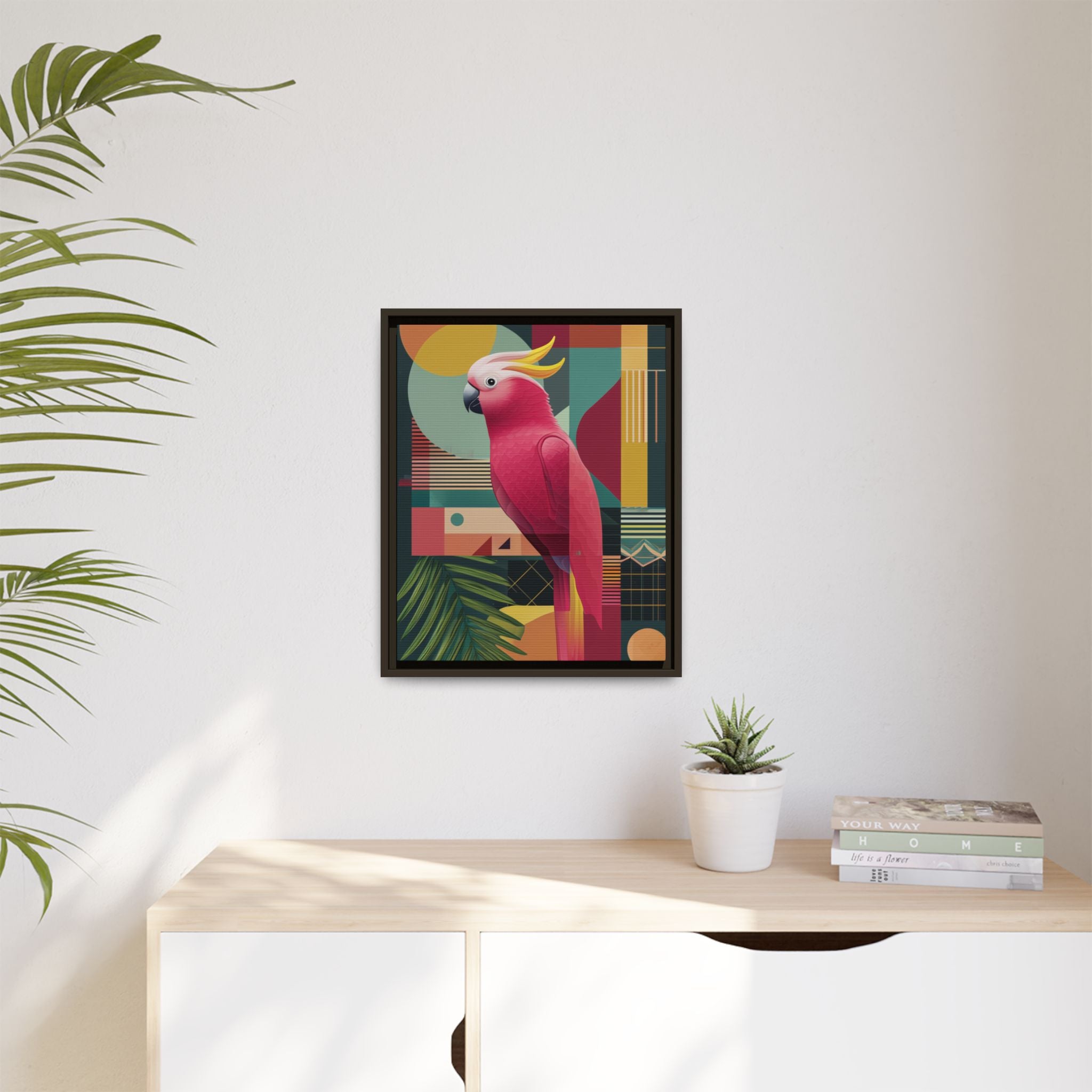 Geometric Cockatoo Framed Print: Mid-Century Modern Bird Art, Contemporary Graphic Print   |  Personalized & Custom Orders Available